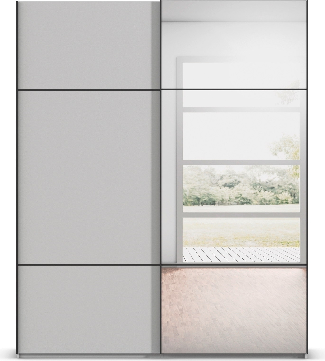 rauch Schwebetürenschrank »Kleiderschrank Schrank Garderobe Schlafzimmerschrank SCALE-TRIO« edle dreigeteilte Front mit 2 Zierleisten und Spiegel MADE IN GERMANY