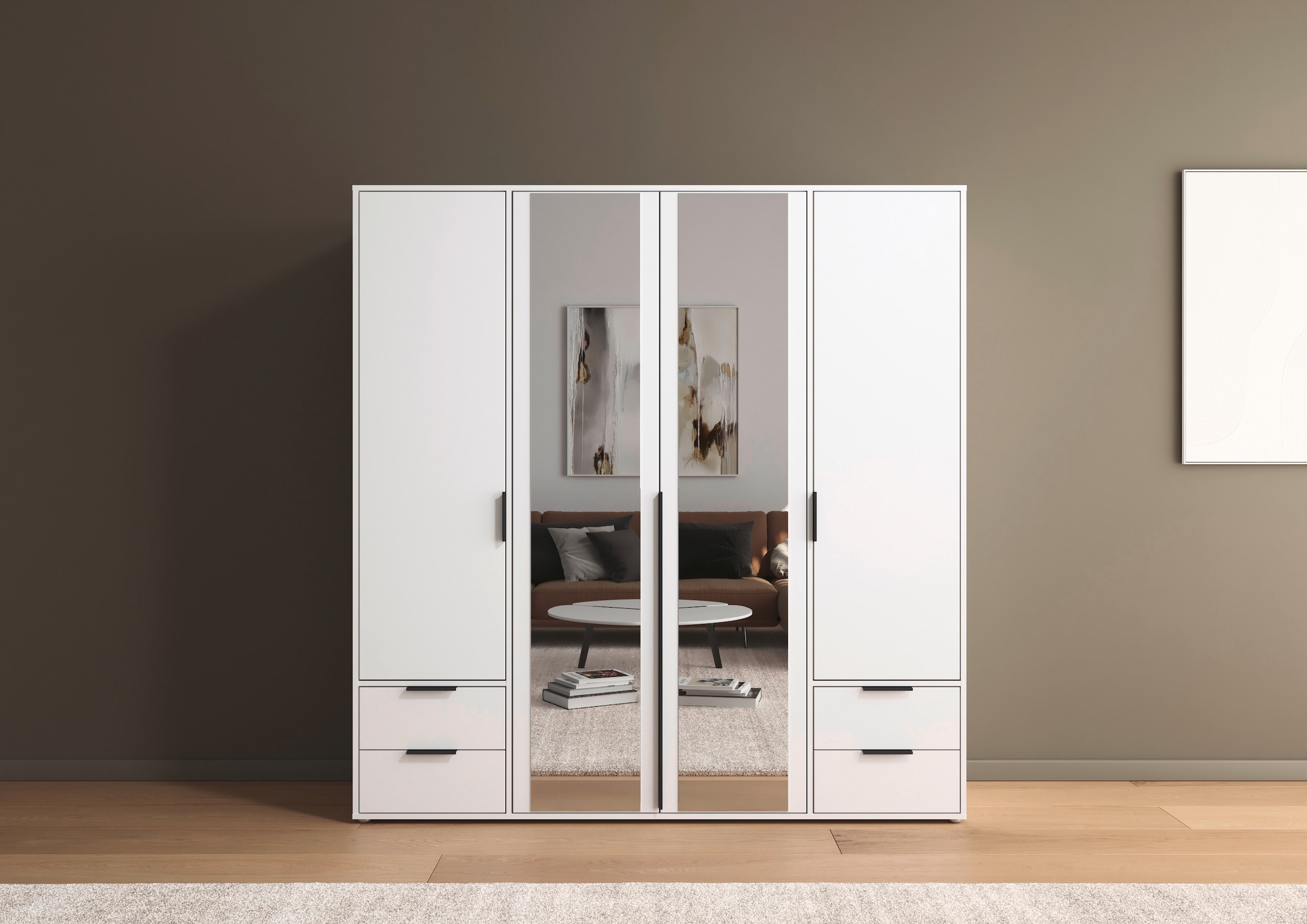 rauch Drehtürenschrank »Kleiderschrank Schrank Garderobe Wäscheschrank NAGATA mit Spiegel«, (in 3 verschiedenen Ausstattungen BASIC/CLASSIC/PREMIUM), und Schubladen sowie Stangengriffen TOPSELLER MADE IN GERMANY