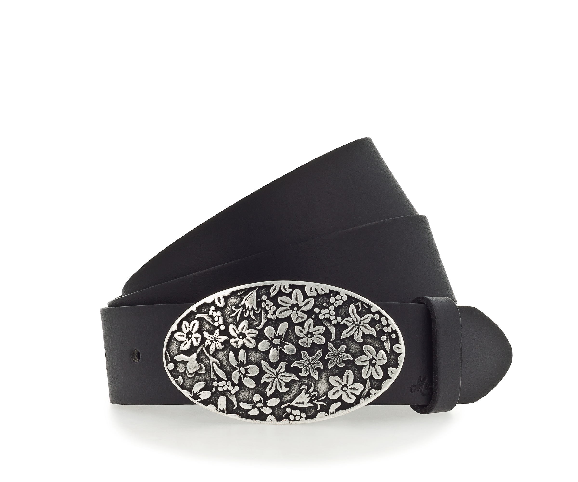 MUSTANG Ledergürtel 1 Stk. tlg. Florale Koppelschließe in mattem Silber, 3, 5 cm schwarz