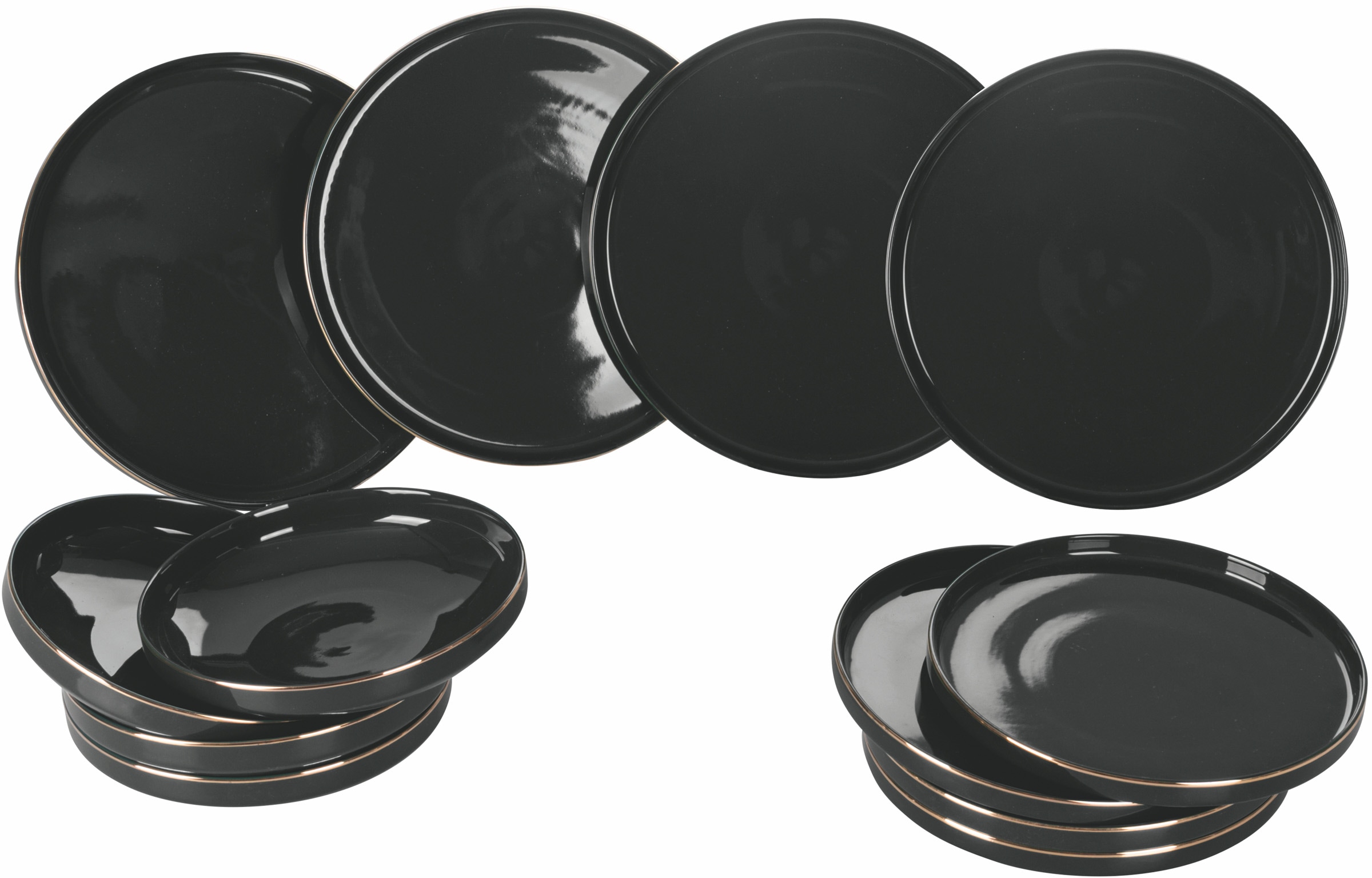 Villa d'Este Teller-Set »Geschirr-Set Luxury Black«, (Set, 12 tlg.), Service, Tafelservice, mit Goldrand, 12 Teile, für 4 Personen
