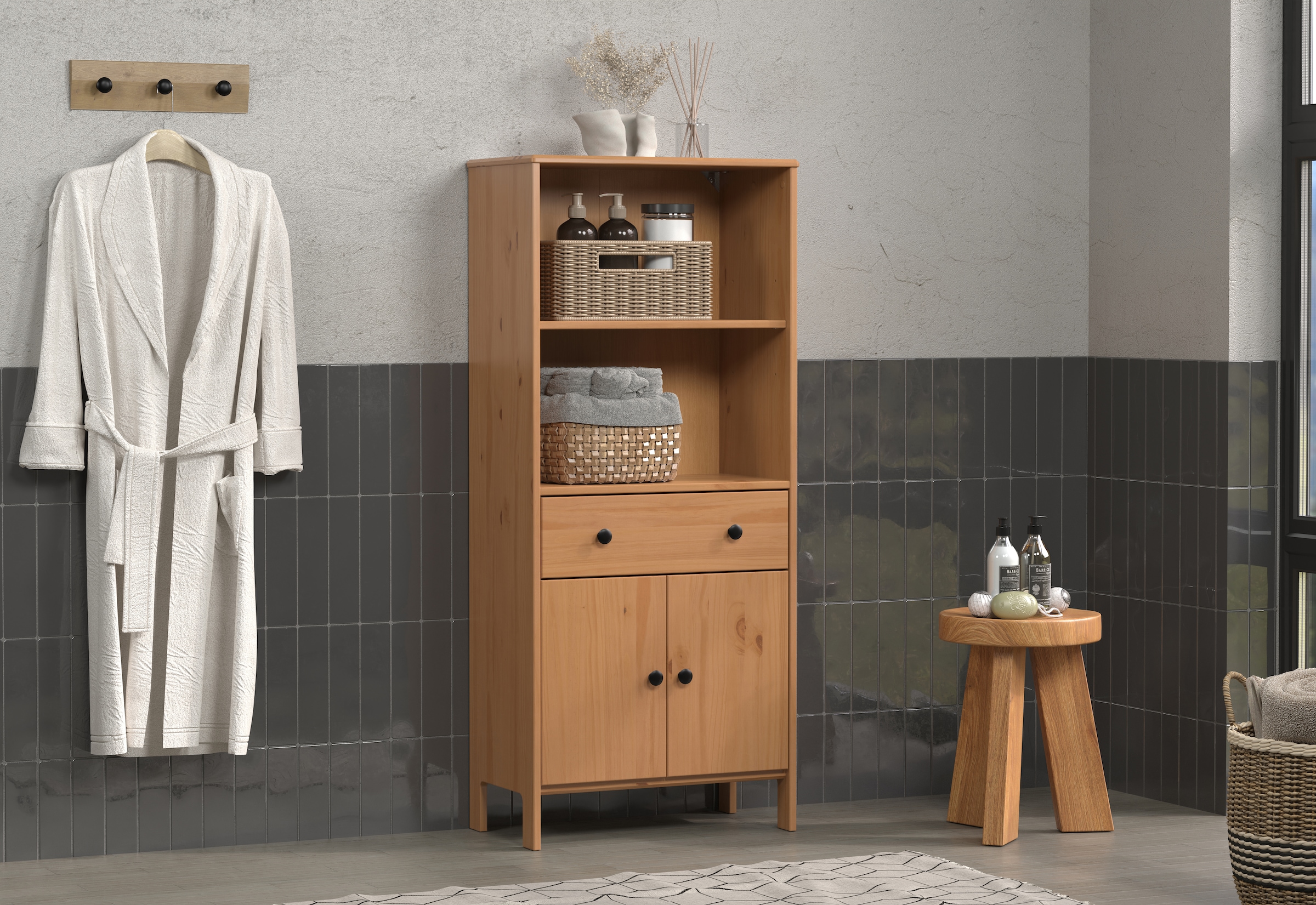 welltime Midischrank »Kall«, (1 St.), Breites Badregal aus Kiefer-Massivholz - Weiß oder Braun lackiert