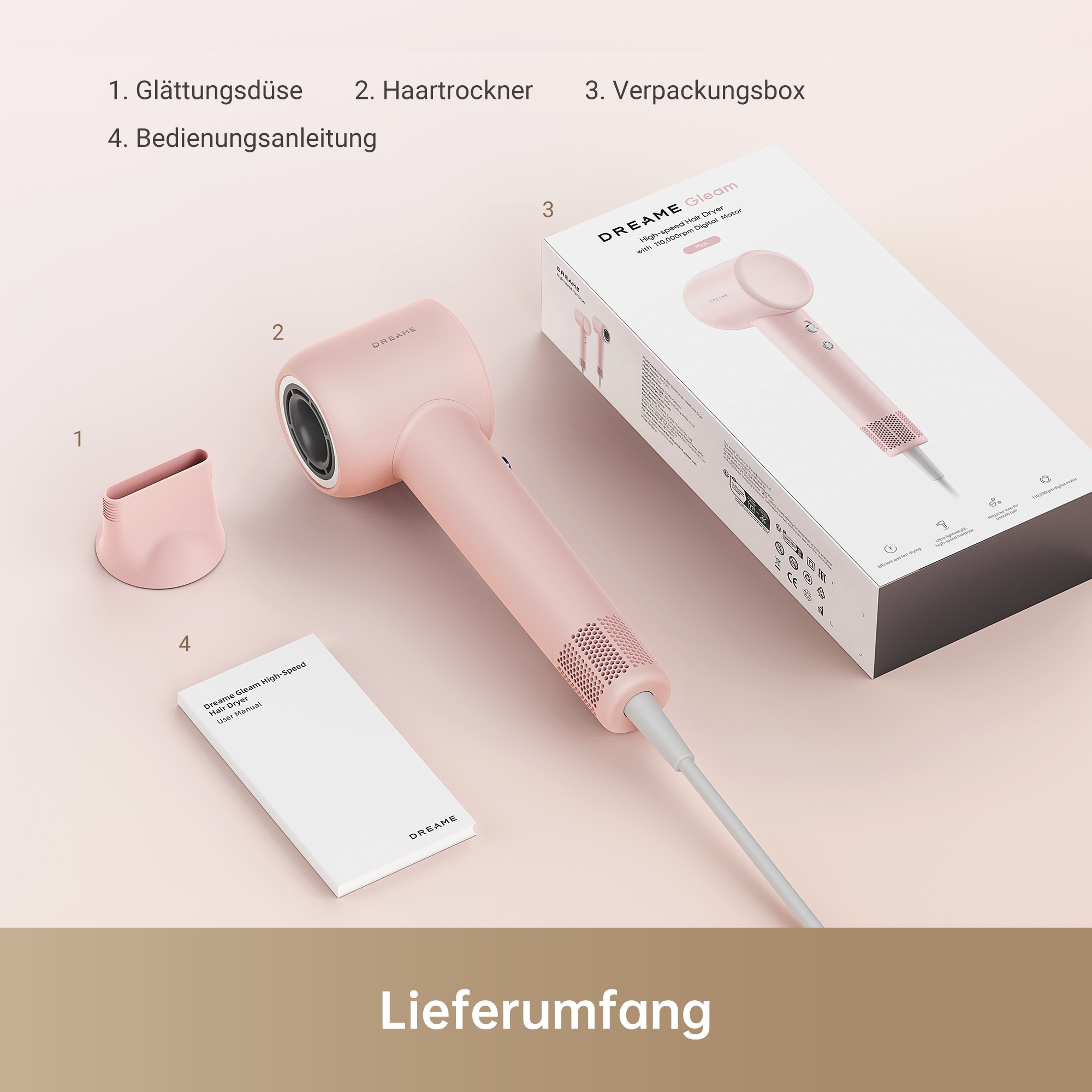 Dreame Haartrockner »Dreame Gleam«, 1 Aufsätze, 200 Mio. Anionen, konstante Temperatur, geringes Gewicht von nur 330g