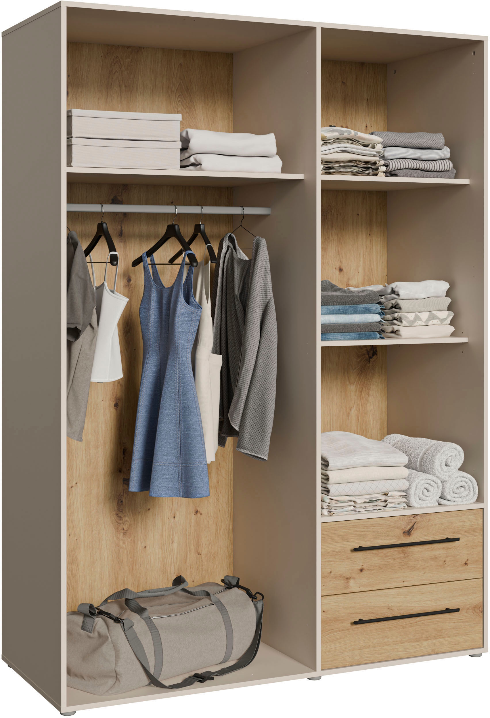FORTE Kleiderschrank »Mokkaris ,Topseller, zeitloses Design, 3–4 Türen, Made in Europe« B/H/T ca. 145x200x59cm oder 206x200x59cm,  Schubladen + schwarze Stangengriffe, Made in Europe, viel Stauraum