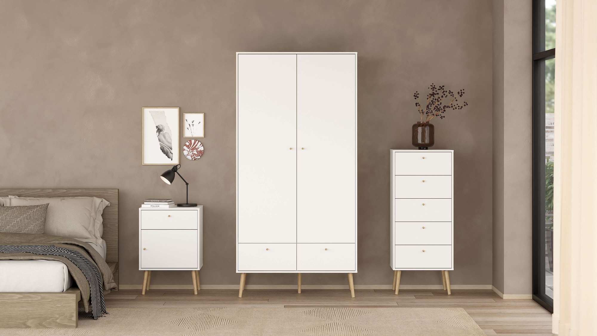 andas Kleiderschrank »Bodo, Drehtürenschrank, Aufbewahrung Kasten Schrank Stauraum«, 2 Türen, 2 Schubladen, Beine und Griffe Massivholz, Breite 99 cm