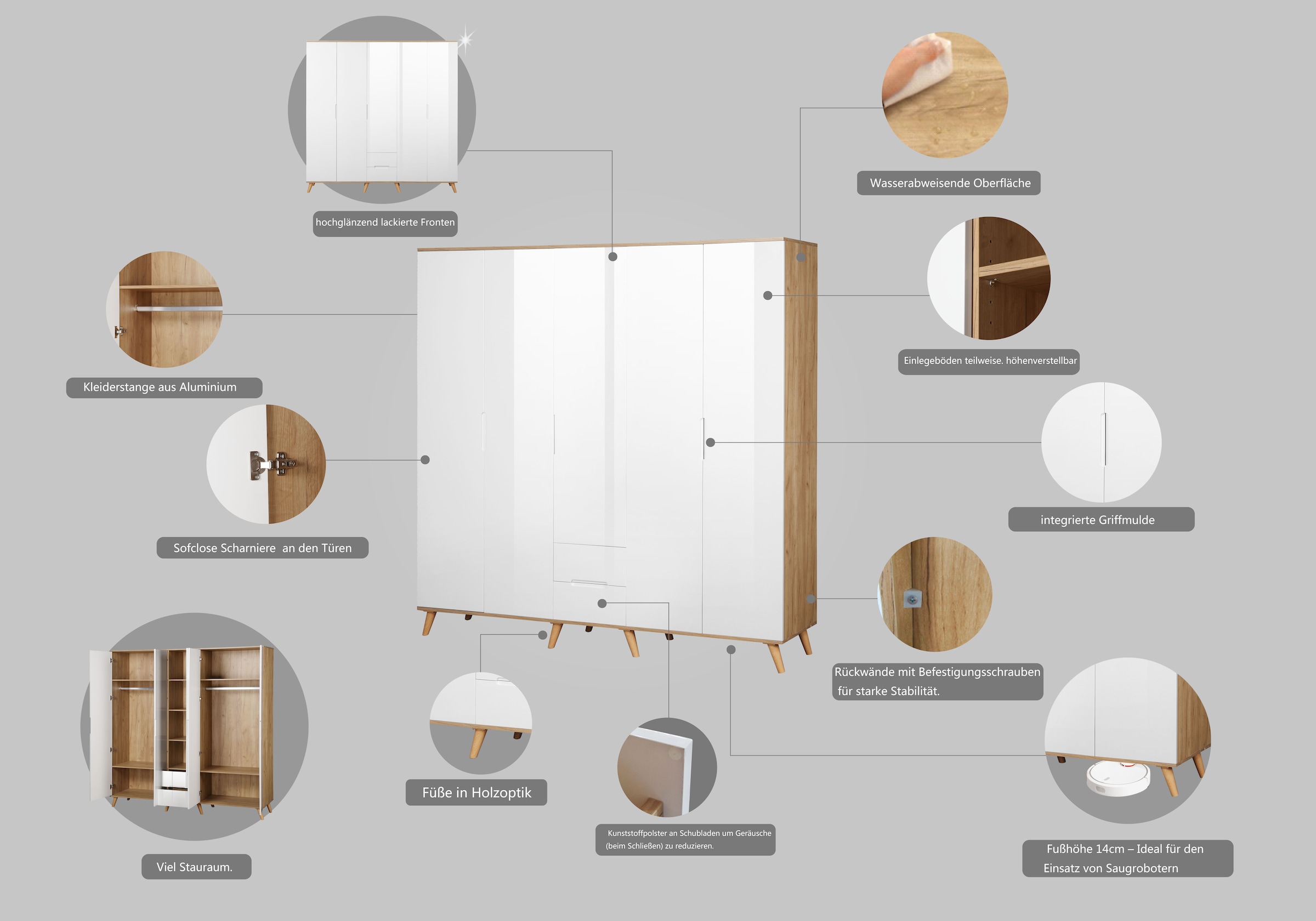 andas Kleiderschrank »Lund Schlafzimmerschrank Bestseller im skandinavischem Design«, Garderobenschrank mit Premium Innenausstattung, Breite 200cm hochglanz