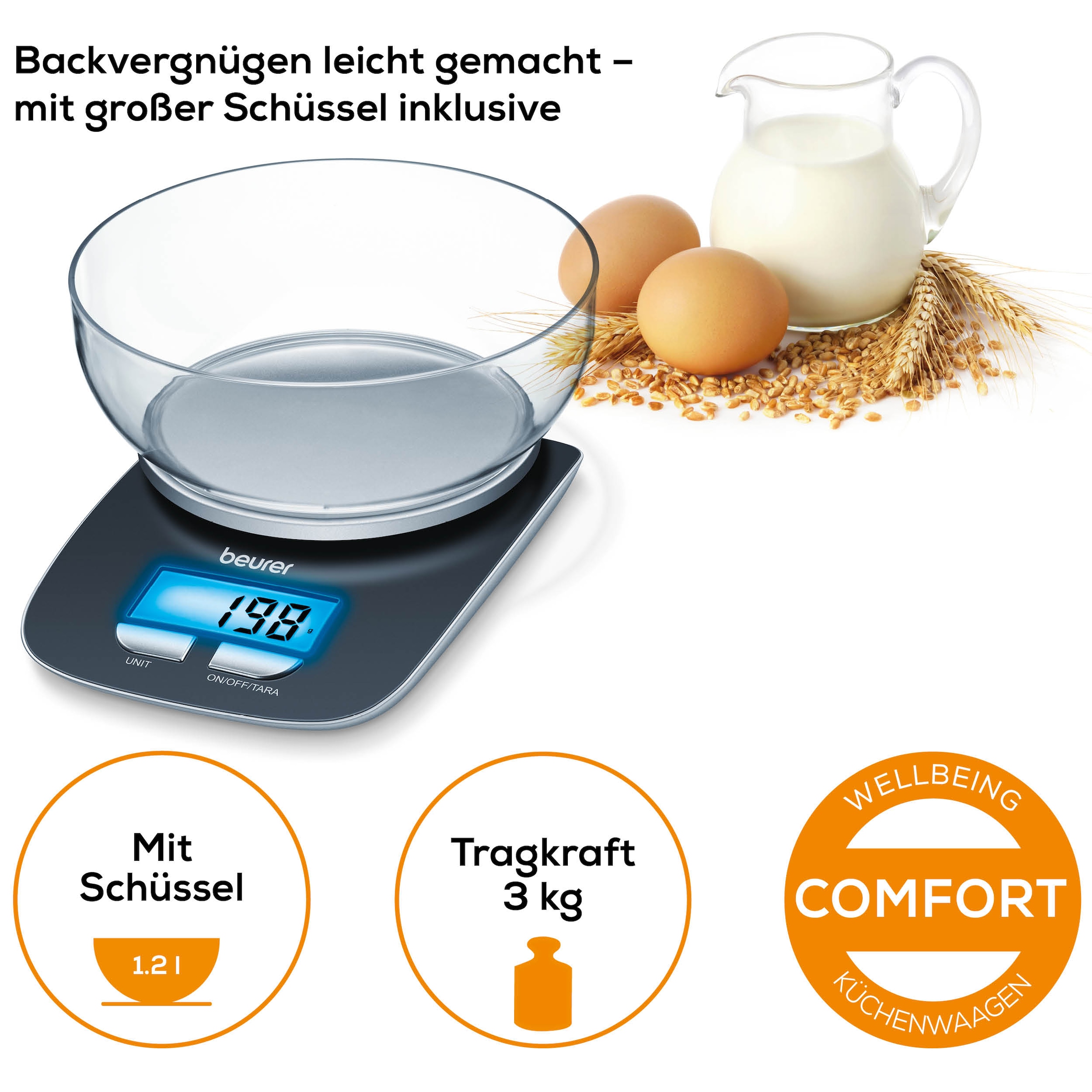 BEURER Küchenwaage »KS 25 Haushaltswaage, mit praktischer Schüssel, Tara-Zuwiegefunktion« Koch- und Backwaage mit 3 kg Tragkraft und Schüssel mit 1,2l