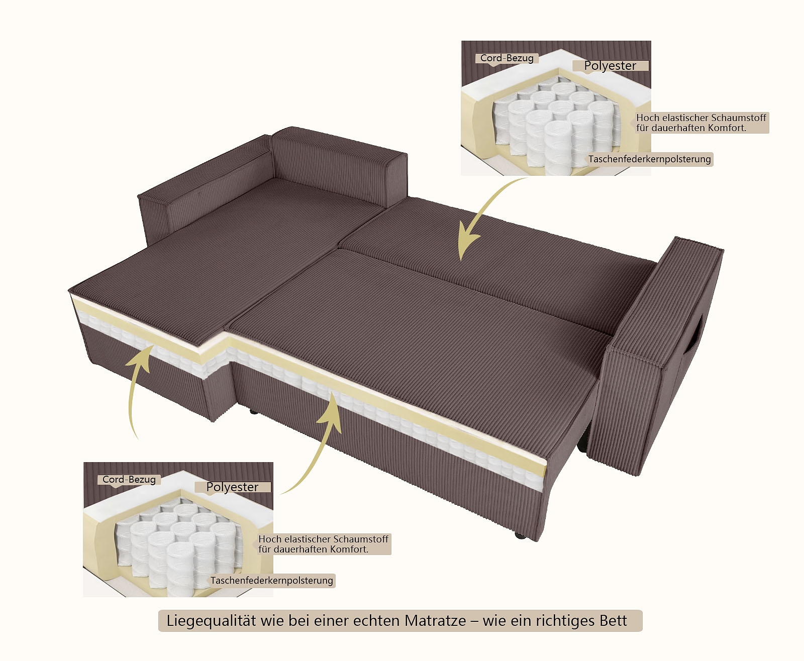 OTTO home Ecksofa »CASSI L-Form, 241cm - OTTO. Verlässliche Qualität.« Schlaffunktion (133/200), Boxspring, Bettkasten, Cord, Unser Tiefpreis
