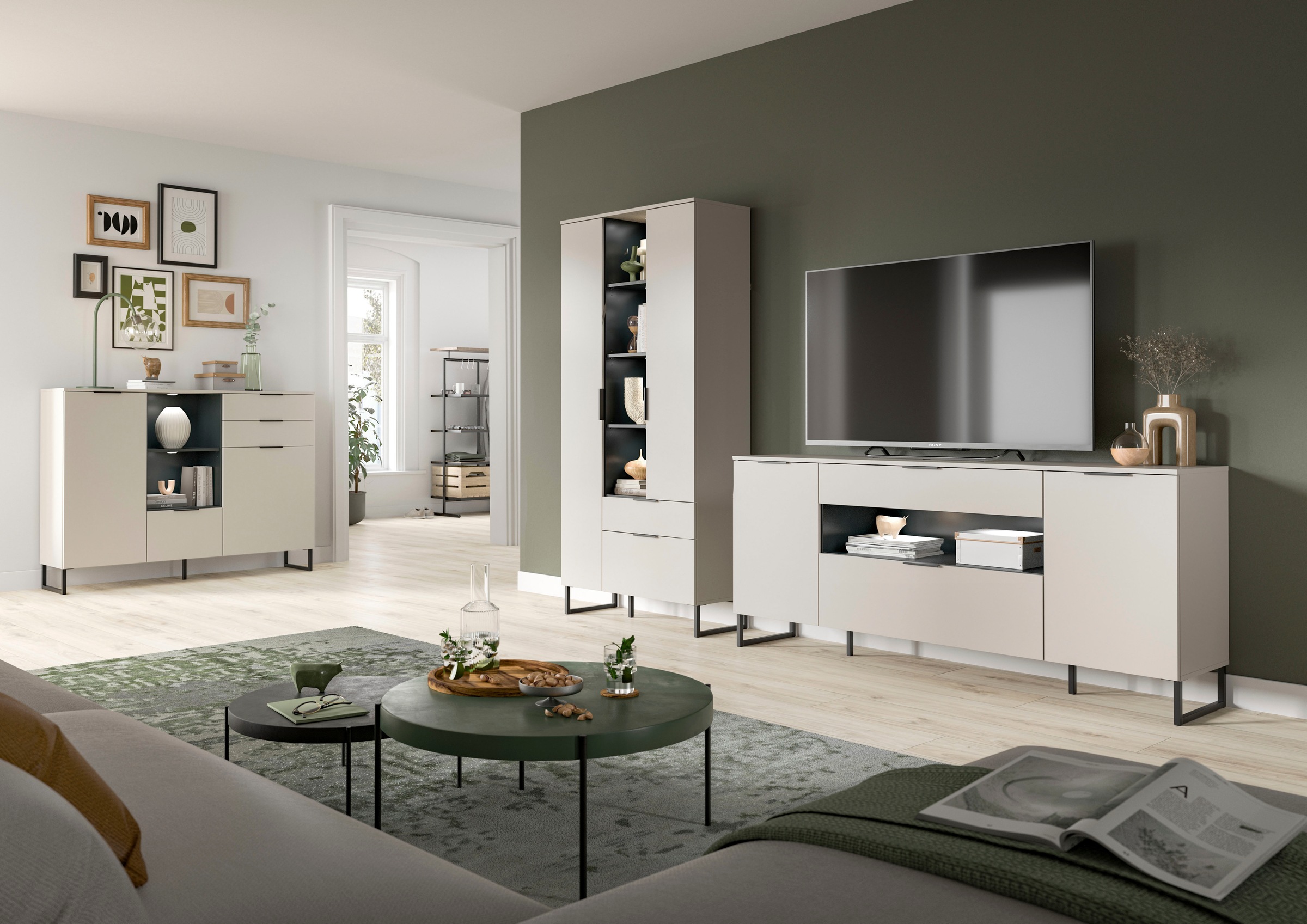 Home affaire Wohnwand »ADIO, Breite 290 cm, 2-teiliges Set, mit Metall-Kufenfüße« Set, bestehend aus: Mehrzweckschrank und Sideboard, 4 Stk. tlg.