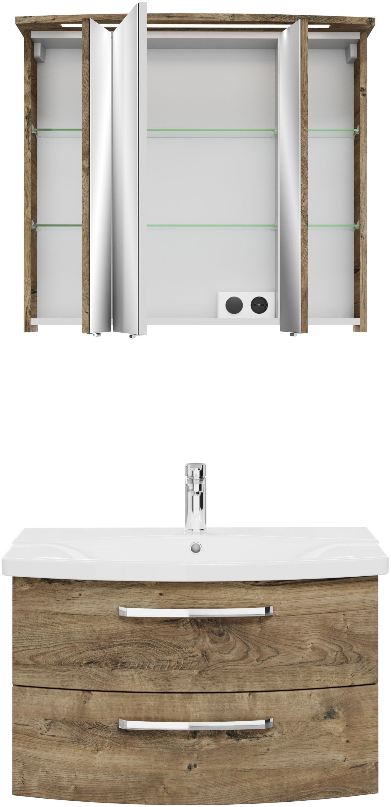 Saphir Badmöbel-Set »Serie 4010 2-teilig Keramik-Waschtisch mit LED-Spiegelschrank«, (Set), Badezimmer Set 84 cm breit, inkl. Türdämpfer, 3 Türen, 2 Schubladen