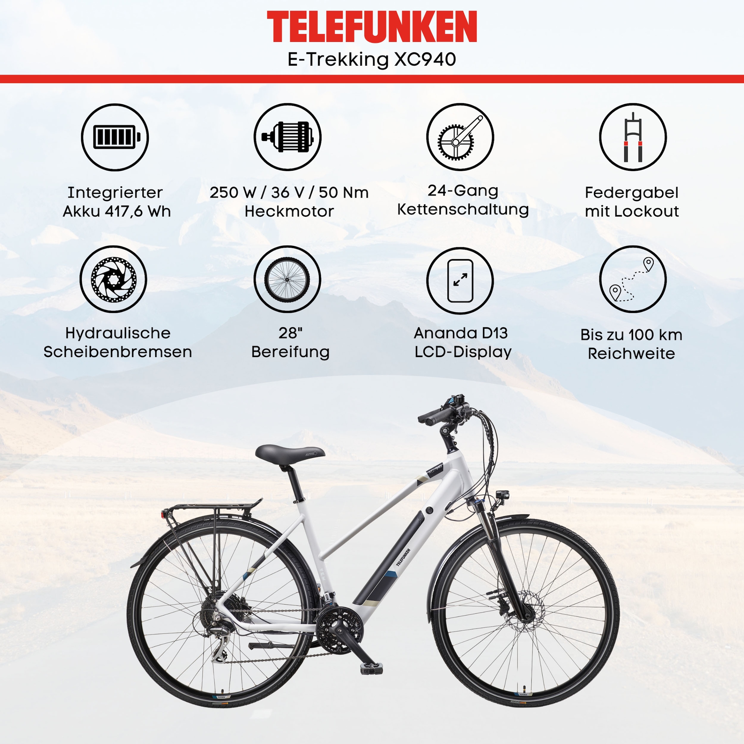 Telefunken E-Bike »Expedition XC940«, 24 Gang, Shimano, Acera, Heckmotor 250 W, (ca. 100 km Reichweite-hydraulische Scheibenbremsen-Straßenzulassung), Trekking Elektrofahrrad, Damen, 28 Zoll, 36 V 417,6 Wh Akku, Pedelec