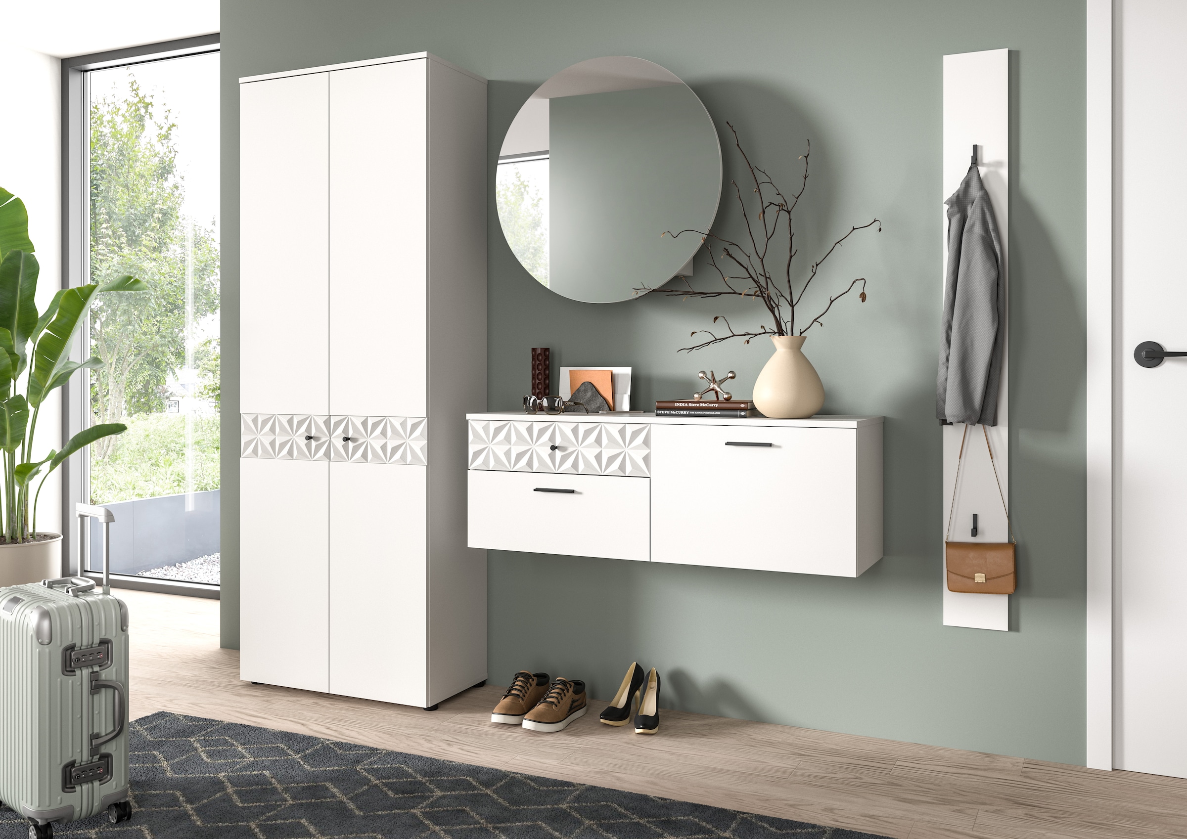 INOSIGN Garderoben-Set »VICENZA, 4-tlg., mit foraler Ornamentabsetzung in der Front«, (4 St.), best. aus.: Garderobenschrank, Schuhschrank, Spiegelschrank & Paneel