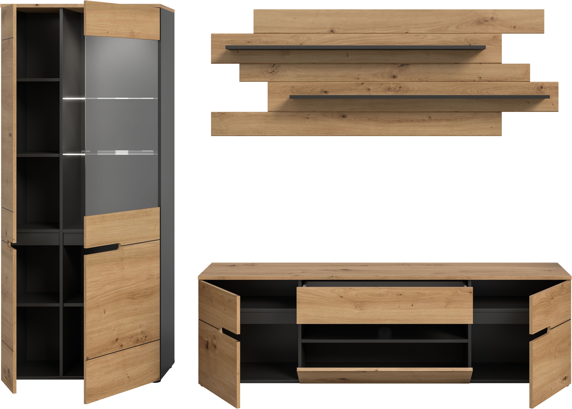 INOSIGN Wohnwand »REHAT, TOPSELLER!, 3-teilig, Breite 280 cm, inklusive Beleuchtung« Set inkl. Beleuchtung, bestehend aus: Vitrine, Lowboard und Wandboard, 5 Stk. tlg.