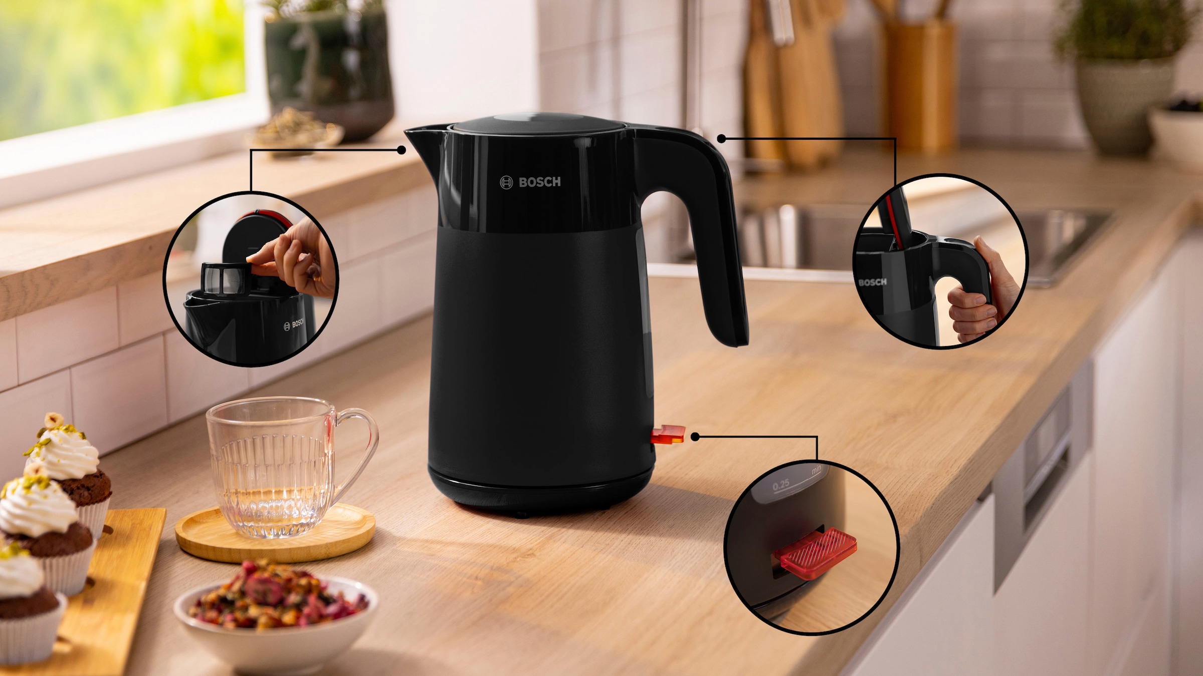 BOSCH Wasserkocher »MyMoment TWK2M163, Abschaltautomatik, Überhitzungschutz, Tassenanzeige«, 1,7 l, 2400 W, Stiftung Warentest Testsieger (2,2) Ausgabe 03/2025, schwarz matt