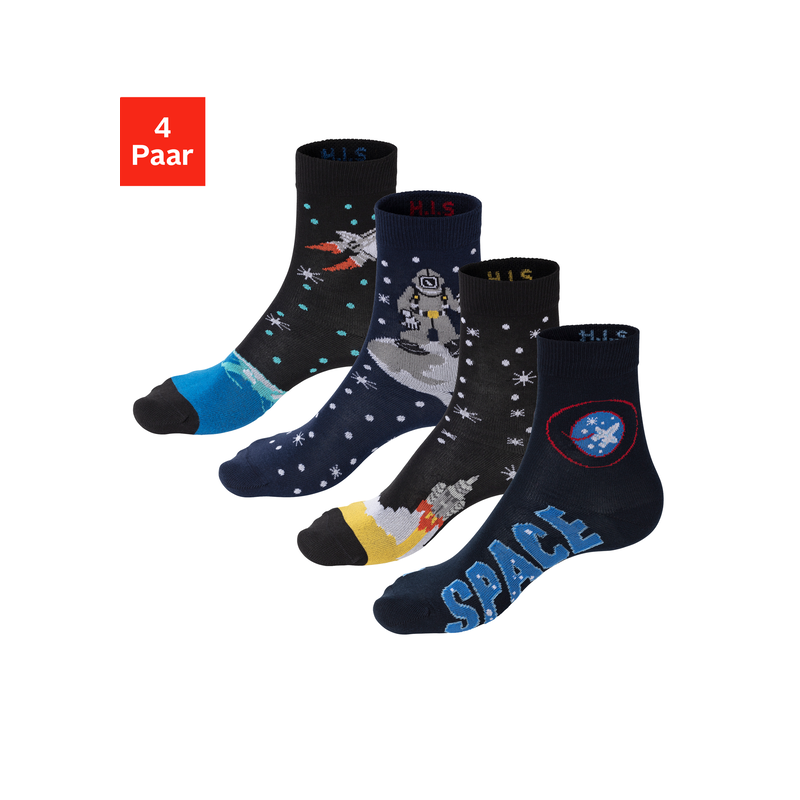 H.I.S Socken Packung, 4 Paar tlg. mit eingestrickten Motiven 2x blau-gemustert, 2x schwarz-gemustert 35-38 35-38 Gemusterte Socken mit Astronauten...
