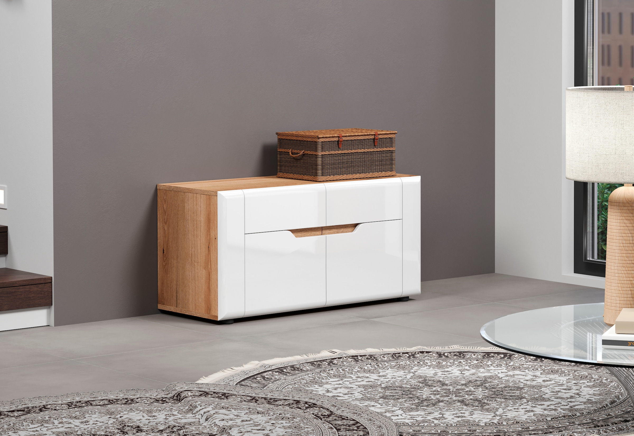 INOSIGN Sitzbank »Graz«, (Packung, 1 St.), Maße (B/H/T in cm): (91/47/38) - Farbe Weiß Hochglanz und Eiche