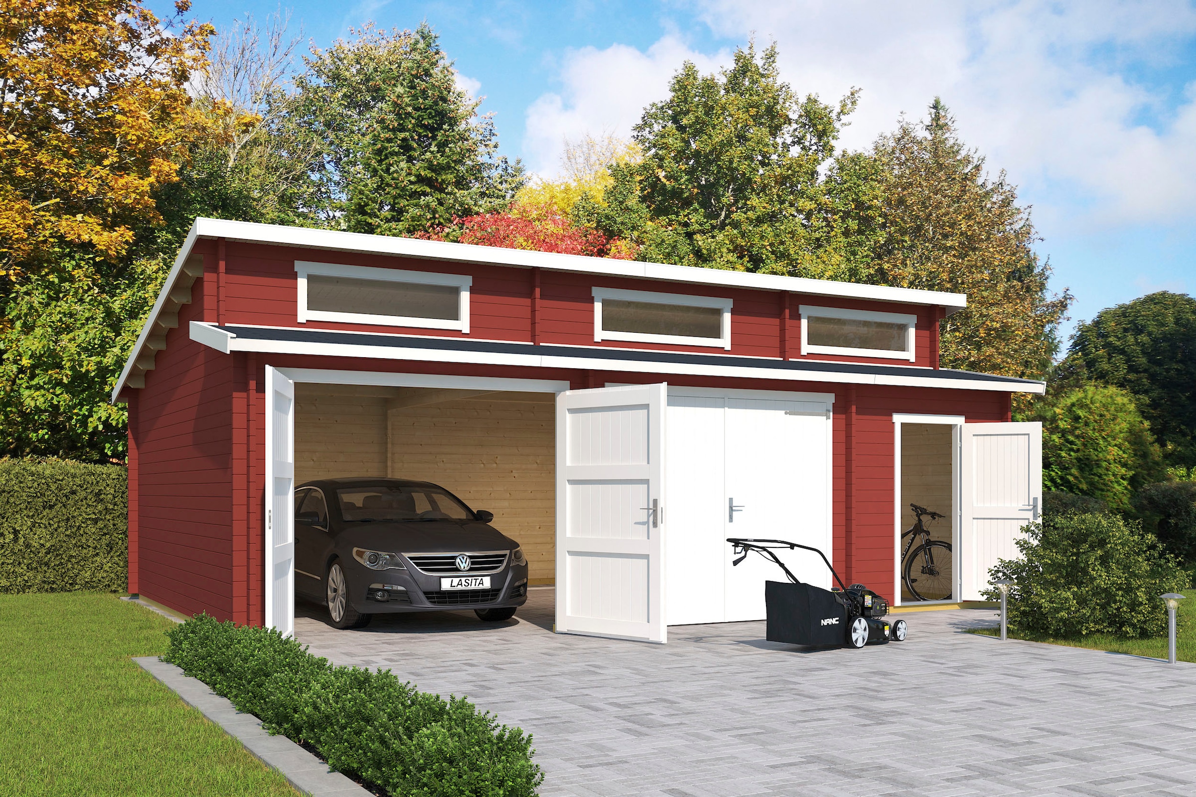 LASITA MAJA Garage »Hawaii«, (Set, Für 2 Fahrzeuge geeignet), Garage + 2 Holztoren