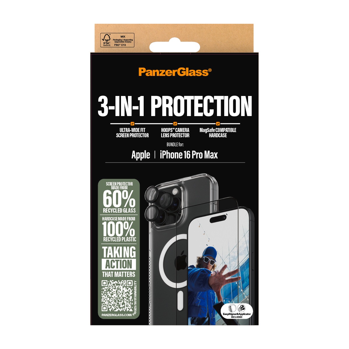 PanzerGlass Displayschutzglas »3-in-1 Protection, Glass, Hoops, Case«, für Apple iPhone 16 Pro Max, Displayschutzfolie, Schutzfolie, Bildschirmschutz, kratz- & stoßfest