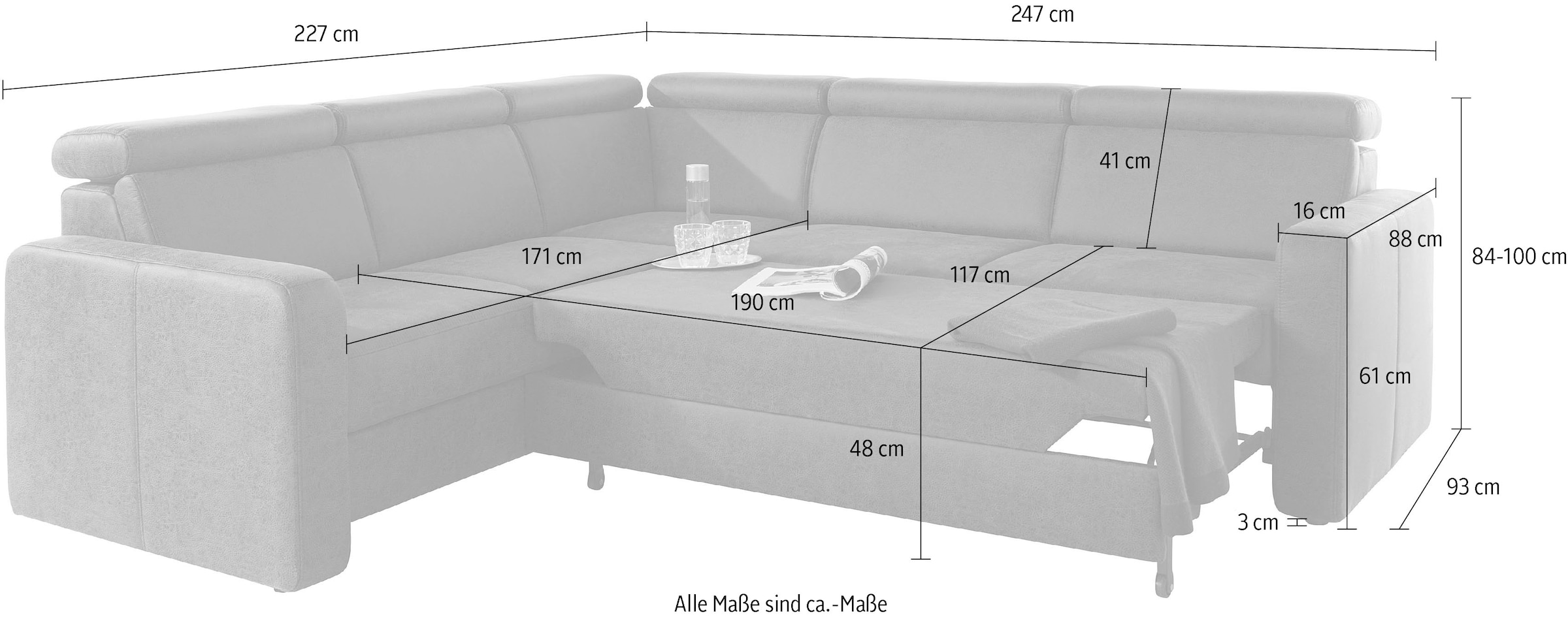 sit&more Ecksofa »Bologna L-Form«, Kopfteilverstellung, wahlweise mit Bettfunktion und Schubkasten