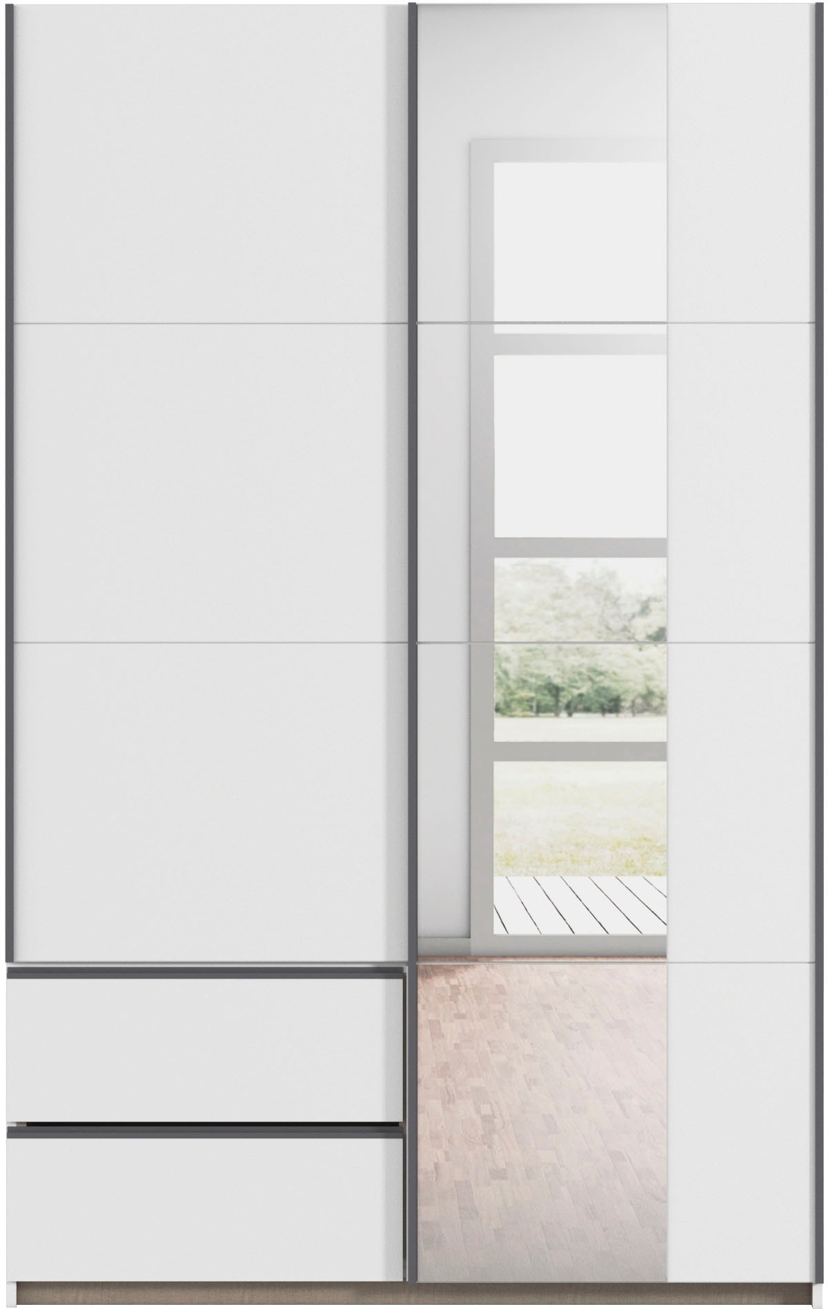 rauch Schwebetürenschrank »Kleiderschrank Schrank Garderobe Wäscheschrank SEVILLA mit Spiegel«, (in 3 verschiedenen Ausstattungen BASIC/CLASSIC/PREMIUM), Metall-Griffleisten alufarben oder Graumetallic MADE IN GERMANY