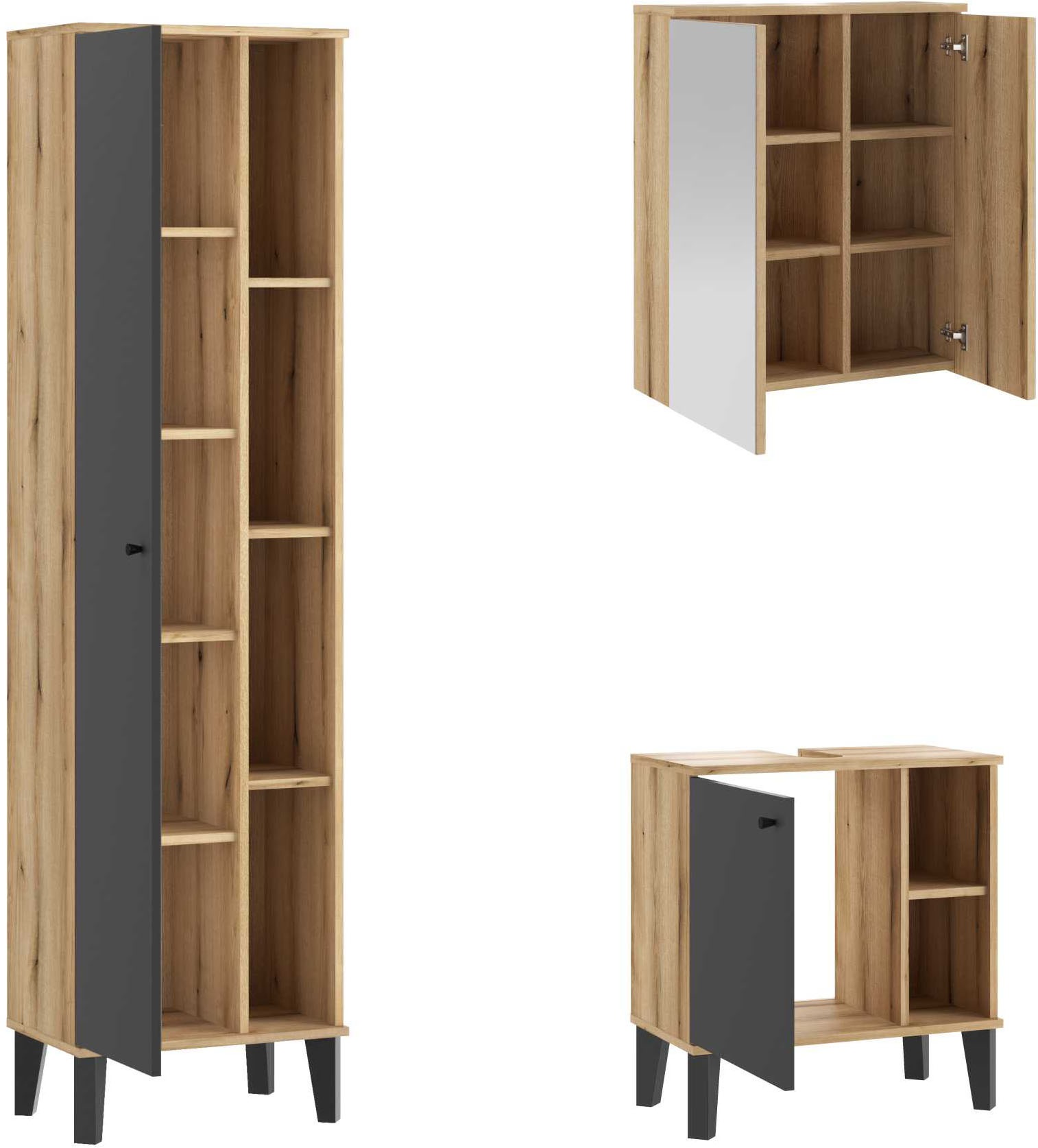 INOSIGN Badmöbel-Set »OSLO, Bad im skandinavischen Design, 3-teiliges Badezimmer«, (Set, 3 St.), Badschränke und Spiegel, in zwei Farben verfügbar, viel Stauraum
