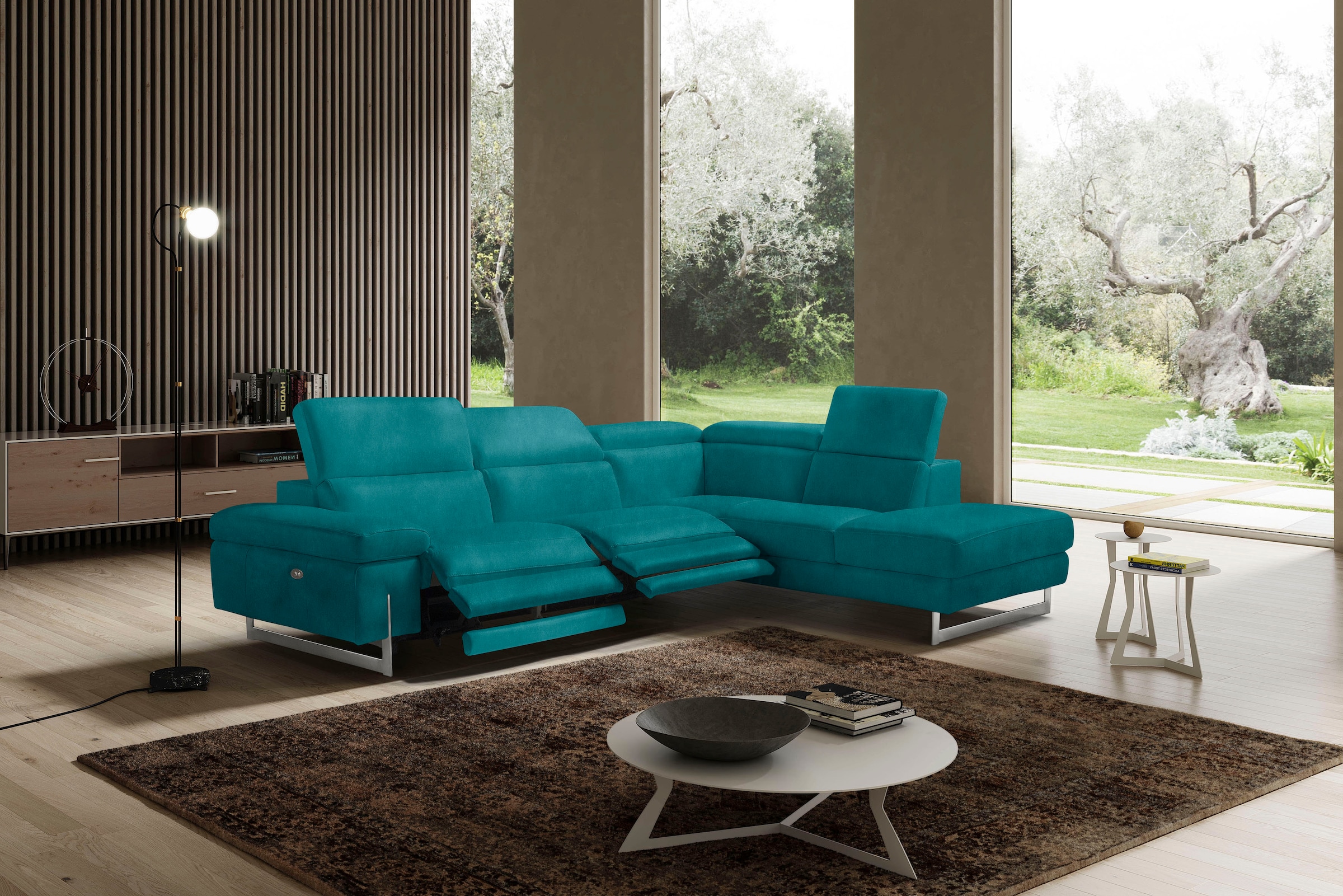 Egoitaliano Ecksofa »Candice, elegant, edel und bequem, erstklassiger Sitzkomfort, L-Form«, inkl. 2 elektrischer Relaxfunktionen, Bedienung über Taste an Armlehne