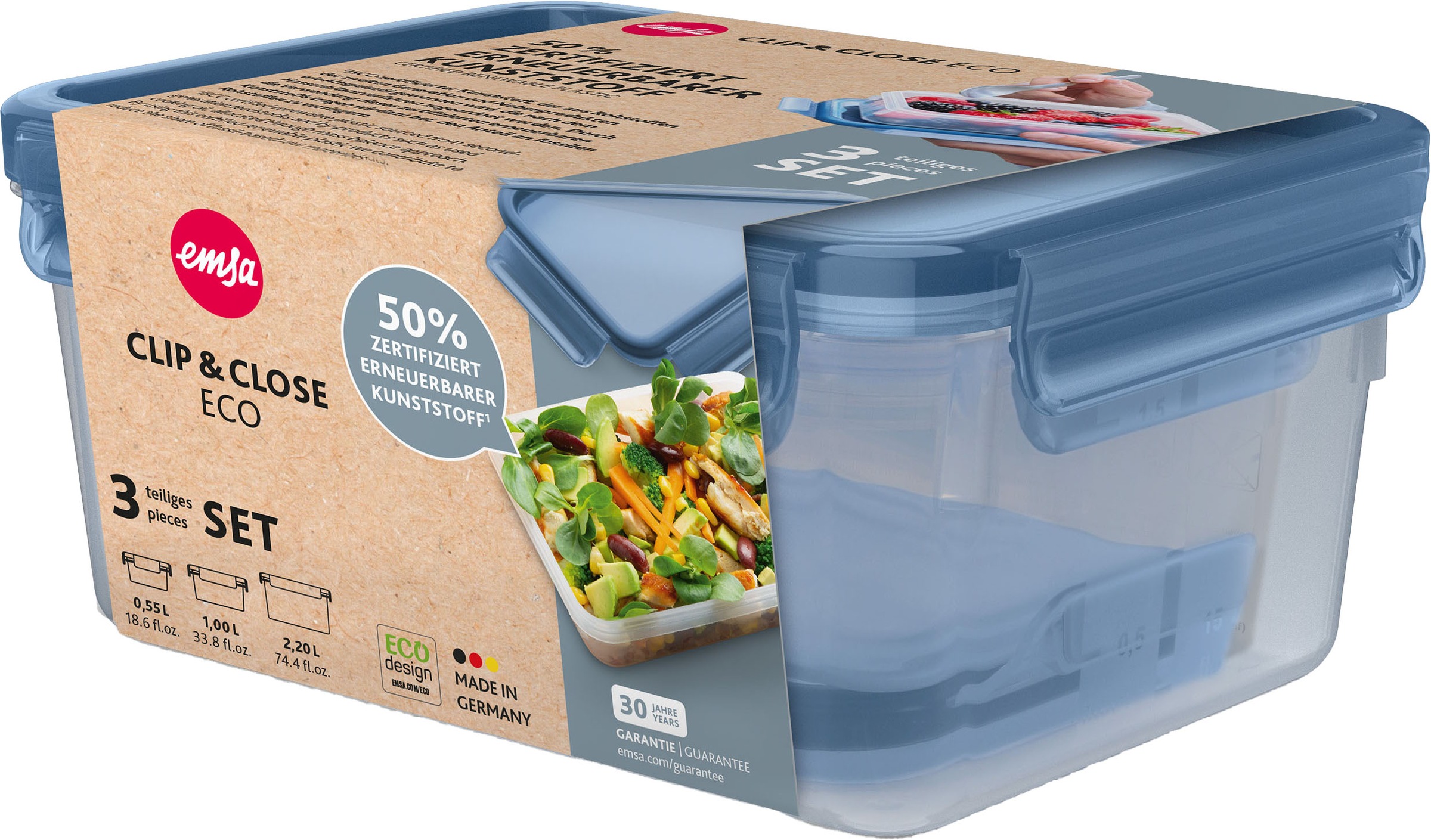 Emsa Frischhaltedose »Clip & Close Eco«, (Set, 3 tlg.), 0,55/1/2,2 l, 100% günstig online kaufen