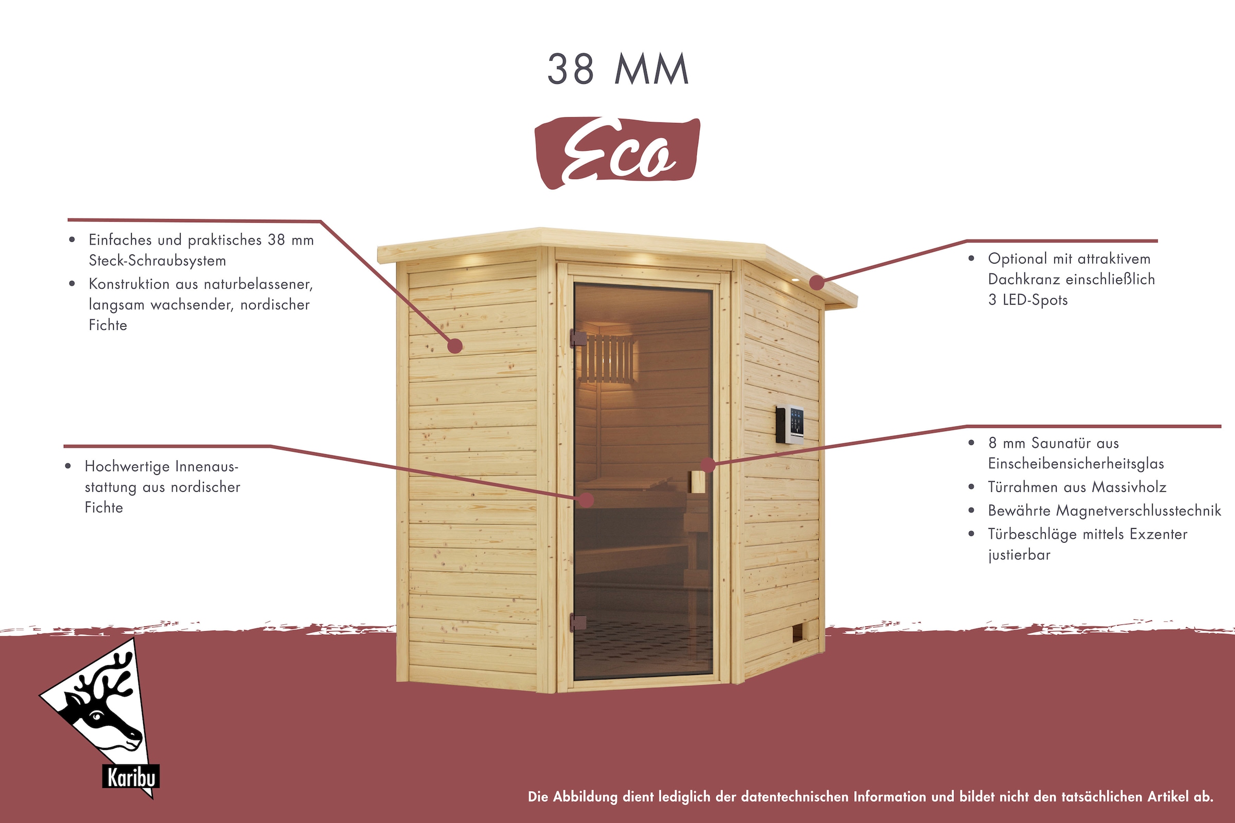Karibu Sauna »"Leona" mit Energiespartür naturbelassen«, aus hochwertiger nordischer Fichte