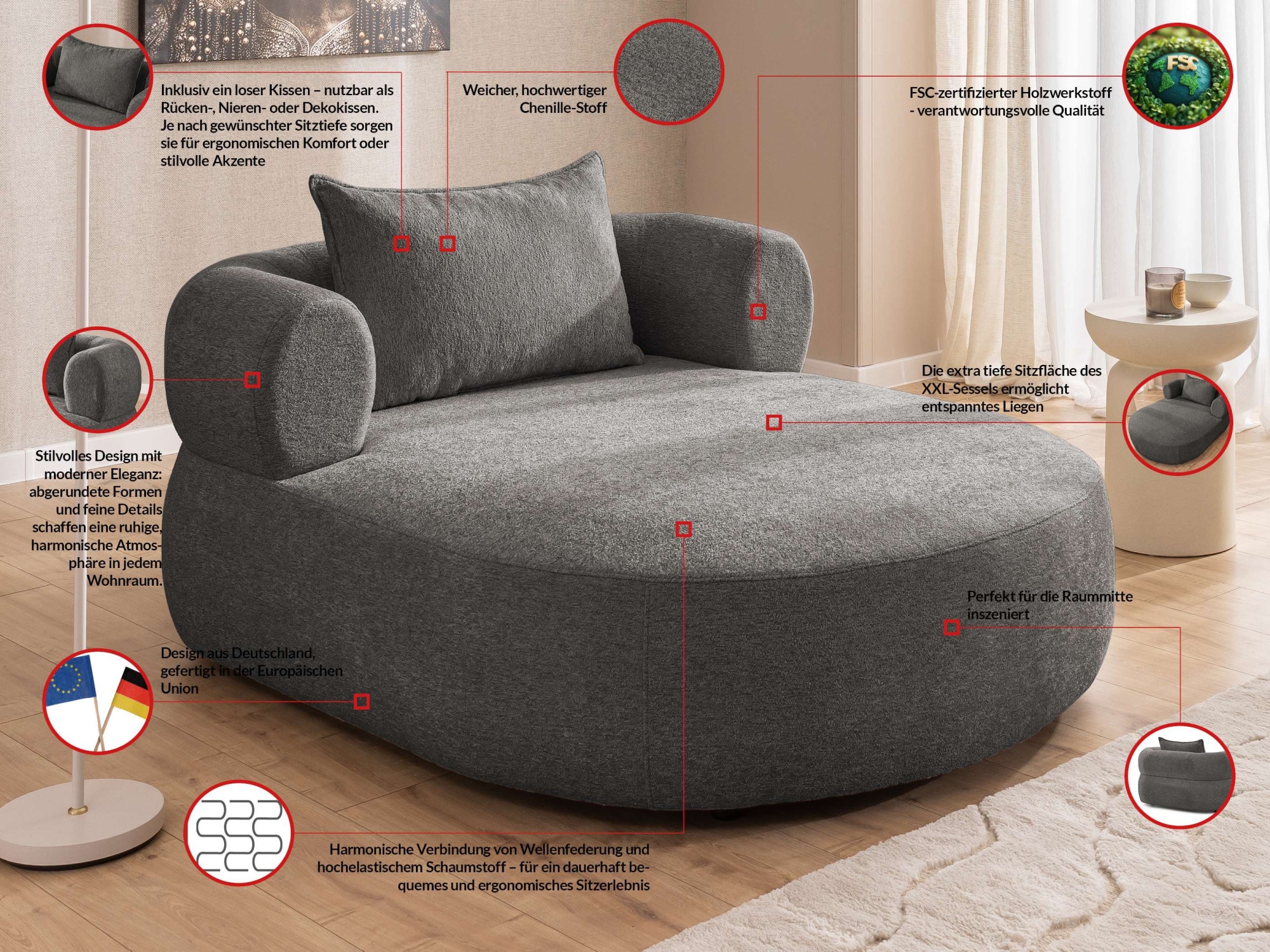 Home affaire XXL-Sessel »LUSSAC Loveseat extra tief, große Sitzfläche, Maße B/T/H: 123/158/78cm«