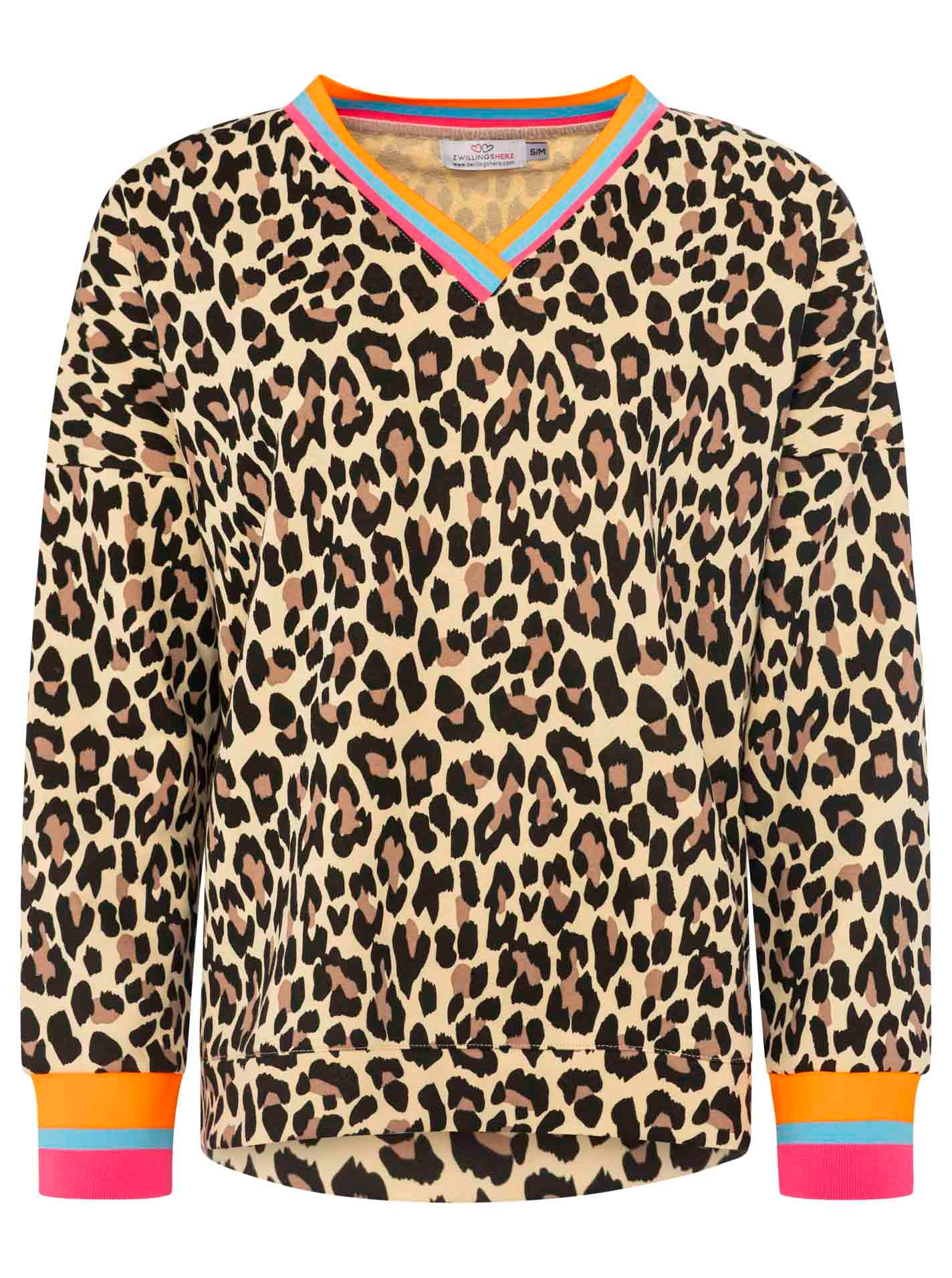 Zwillingsherz Sweatshirt »"Leo Allover Neon Kante"«, mit trendiger Leo-Optik, Vokuhila-Schnitt und neonfarbenen Details
