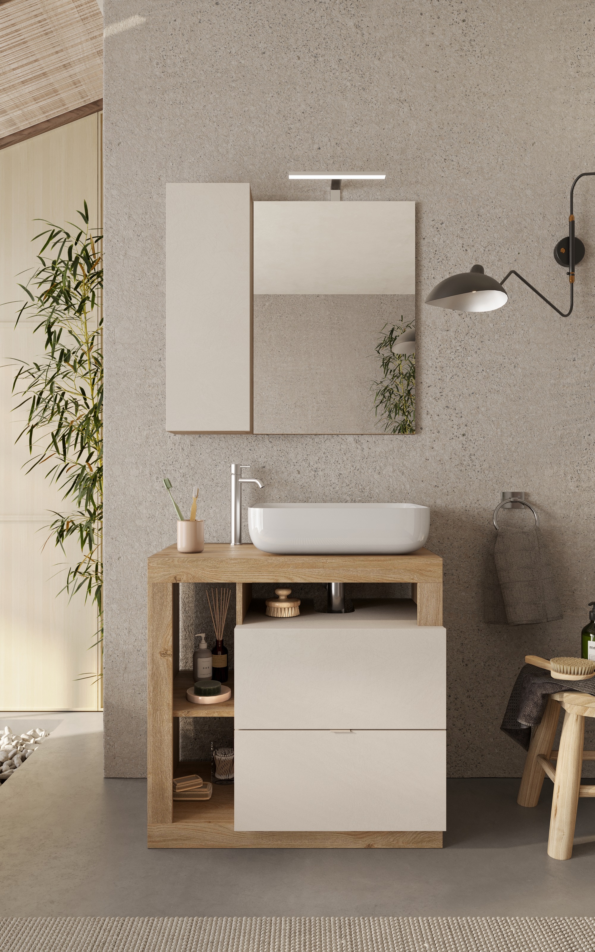welltime Badmöbel-Set »Hamburg, Badezimmerset 2tlg. Breite 79 cm, Badmöbel, Waschtisch inkl.«, (Spar-Set, 2 St.), Waschbecken, Spiegelschrank mit LED Aufbauleuchte, Soft-Close-Funktion