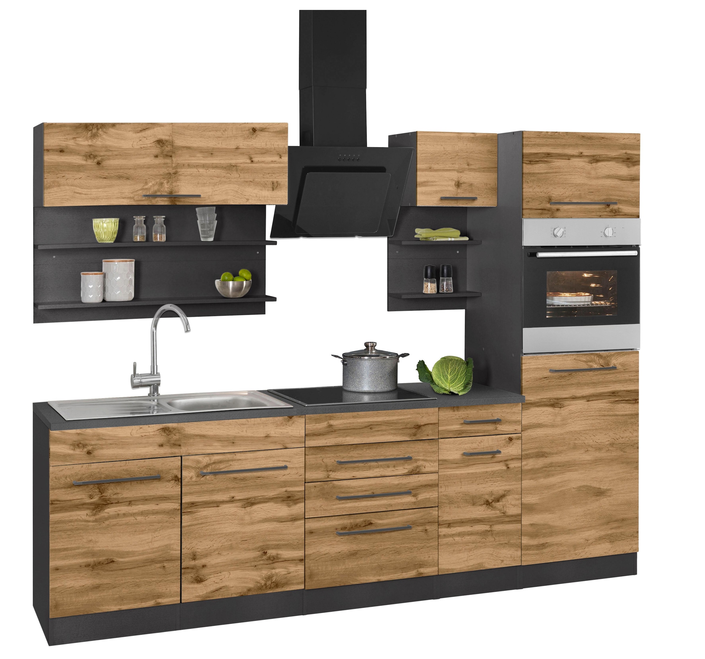 KOCHSTATION Küchenzeile »KS-Tulsa« ohne E-Geräte, Breite 270 cm, schwarze Metallgriffe, MDF Fronten
