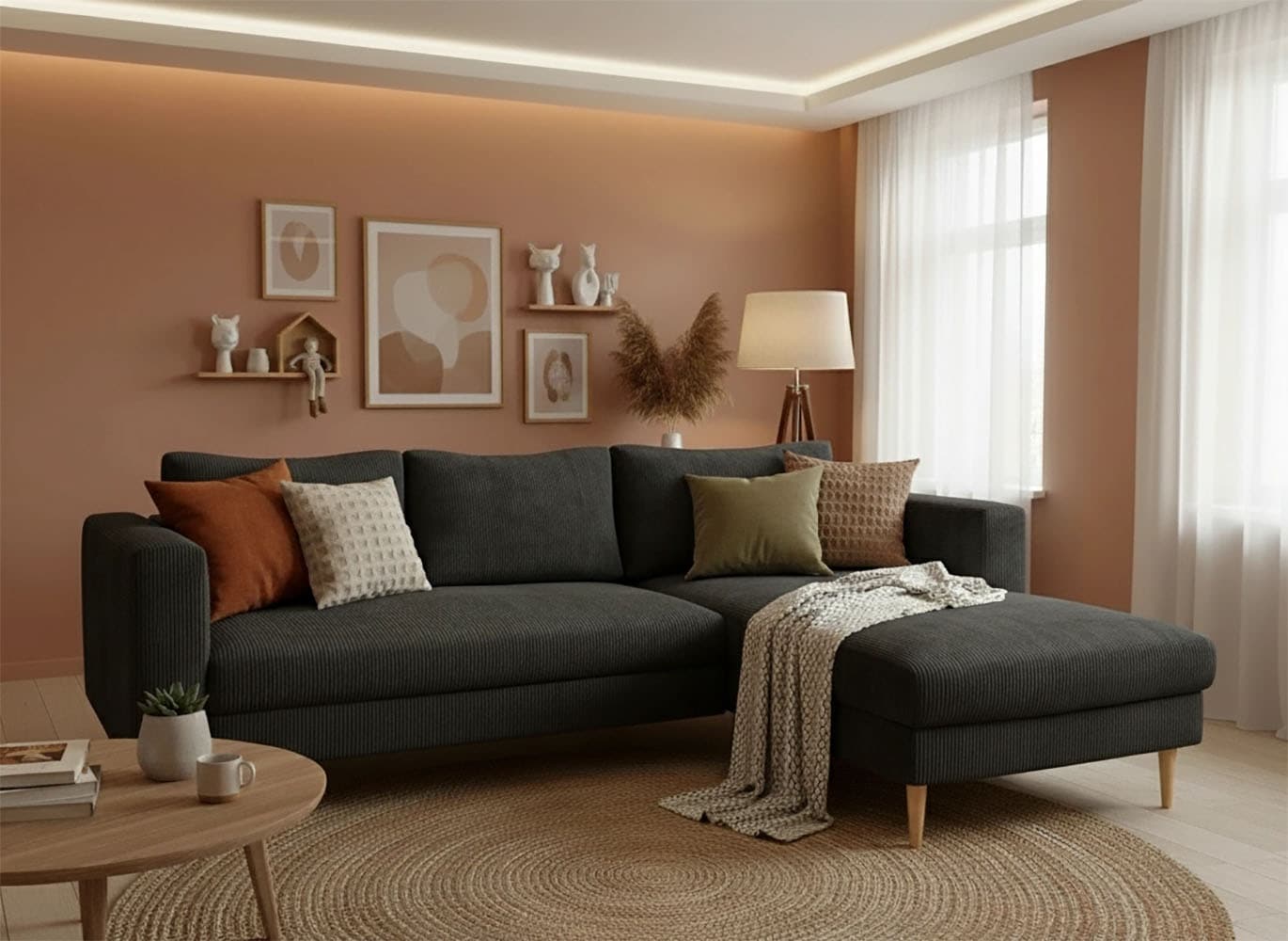 TRENDMANUFAKTUR Ecksofa »Amazing, wahlw. mit Schlaffunktion & Bettkasten, Fuß Buche lackiert« Recamiere beidseitig montierbar, L-Form,in Cord o. Struktur, B: 232 cm