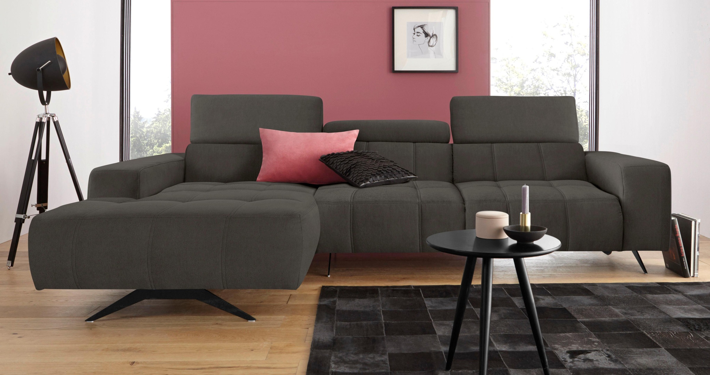 DOMO collection Ecksofa »Trento L-Form, mit Kufenfuß oder Einzelfuß«, wahlweise mit Kopfteilverstellung, Recamiere links/rechts bestellbar