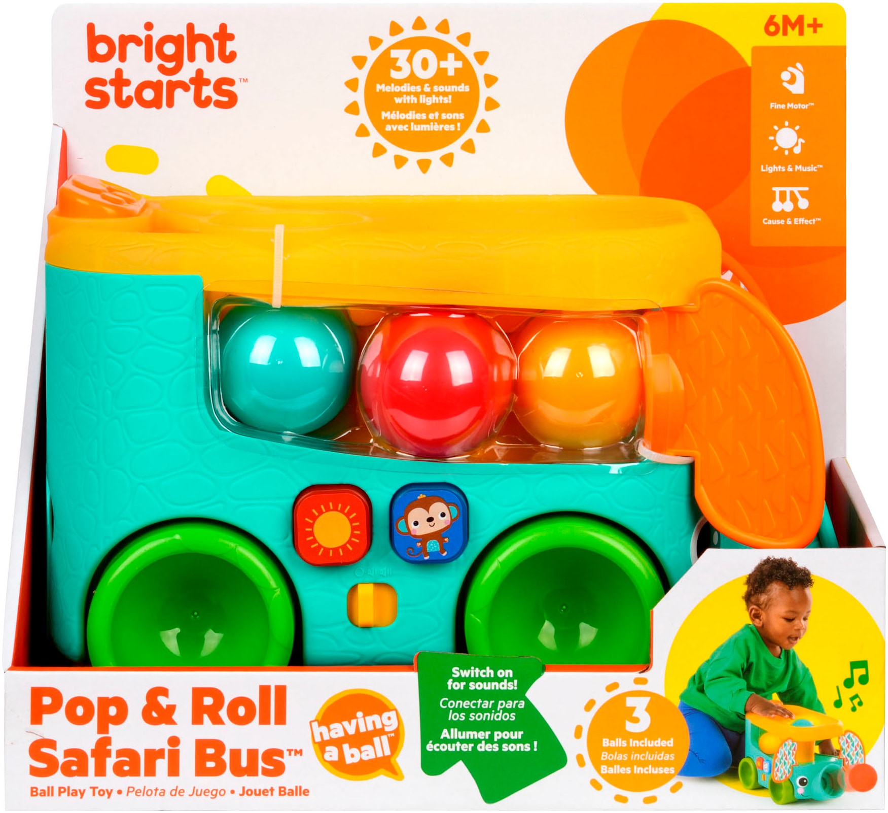Bright Starts Lernspielzeug »Pop & Roll Safari Bus Ball Play Toy«, mit Licht und Sound