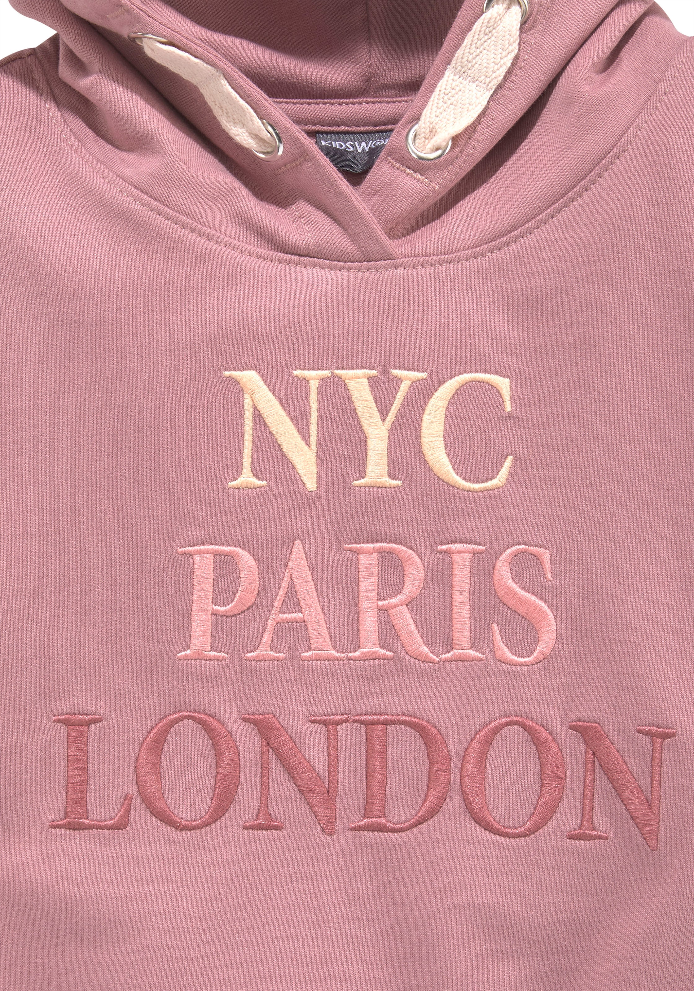 KIDSWORLD Kapuzensweatshirt »NYC Paris London - Stickerei«, Langarm,  gerade Passform,  bedruckt,  Kapuze,  aus Baumwolle
