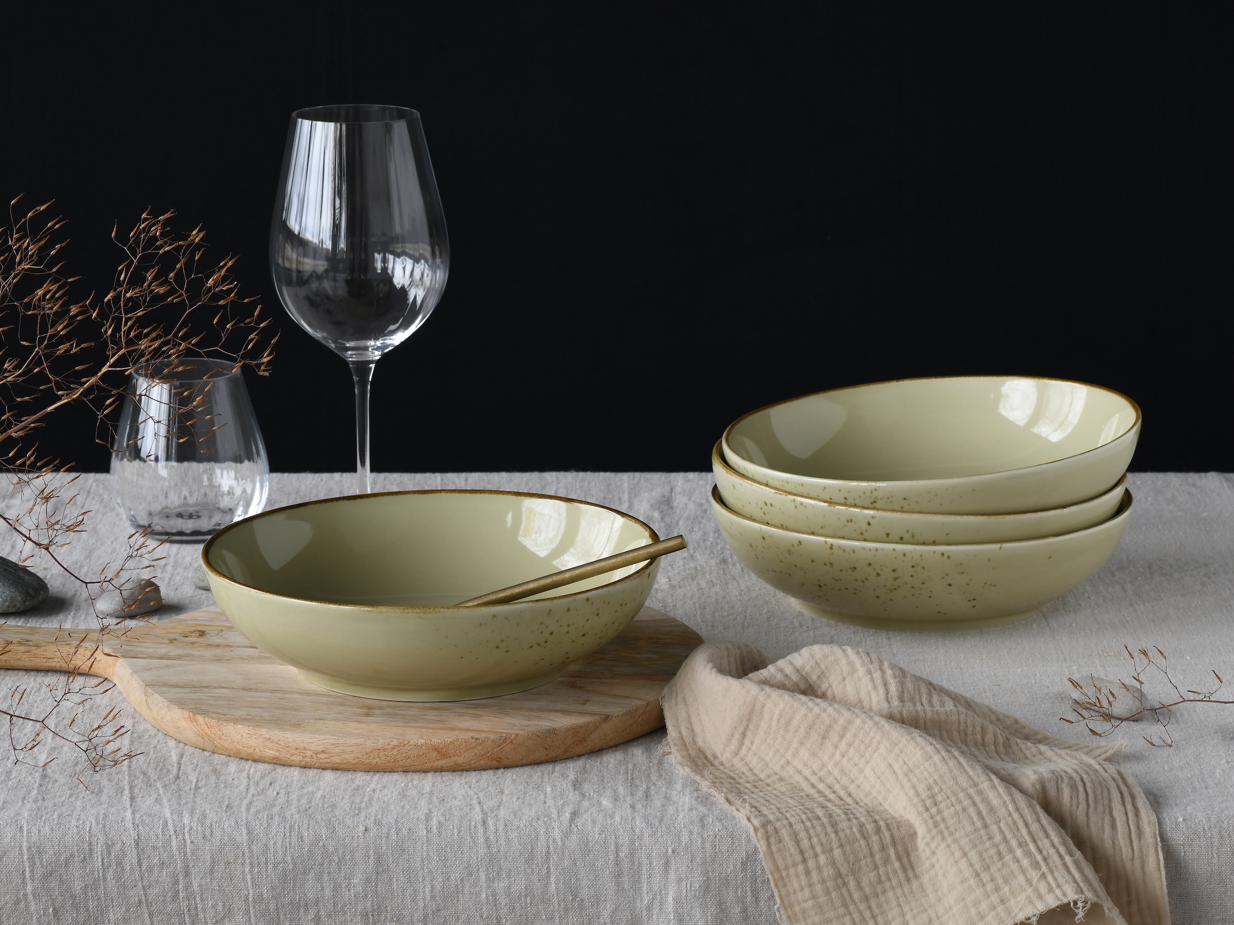 CreaTable Schale »Nature Collection, Poke Bowl, Ø 22,5 cm, 4-tlg«, 4 tlg., aus Steinzeug, Handwerklicher Look, Vintage, Höhe 5 cm