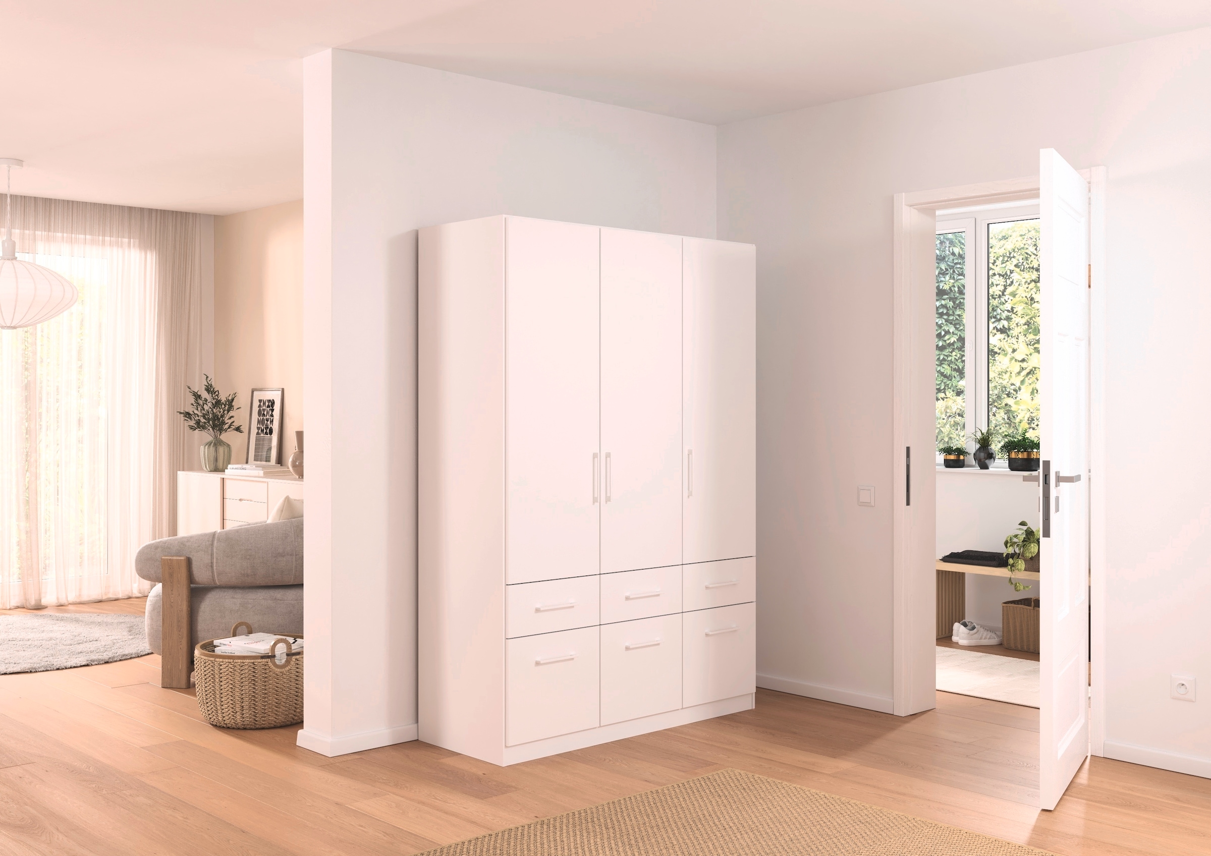 rauch Kleiderschrank »Kleiderschrank Schrank Garderobe Wäscheschrank DUNDEE«, (mit 3 Griff-Varianten), Schubladen in zwei Höhen, optional mit Spiegel MADE IN GERMANY