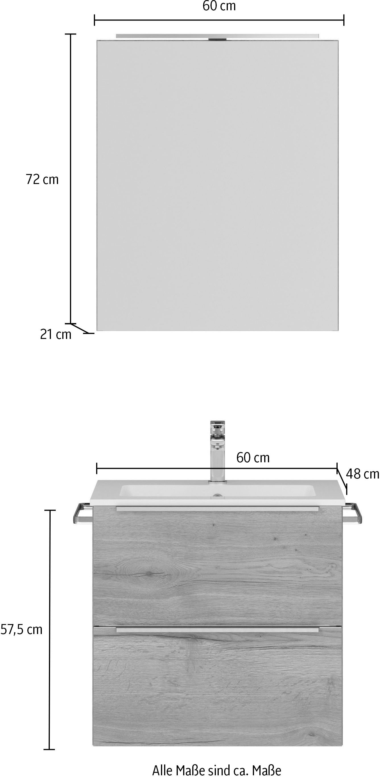 nobilia® Badmöbel-Set »Levere«, (2 St., vormontiert, mit Soft-Close), inkl. Spiegelschrank mit Beleuchtung und Dimmerfunktion, in 4 Breiten
