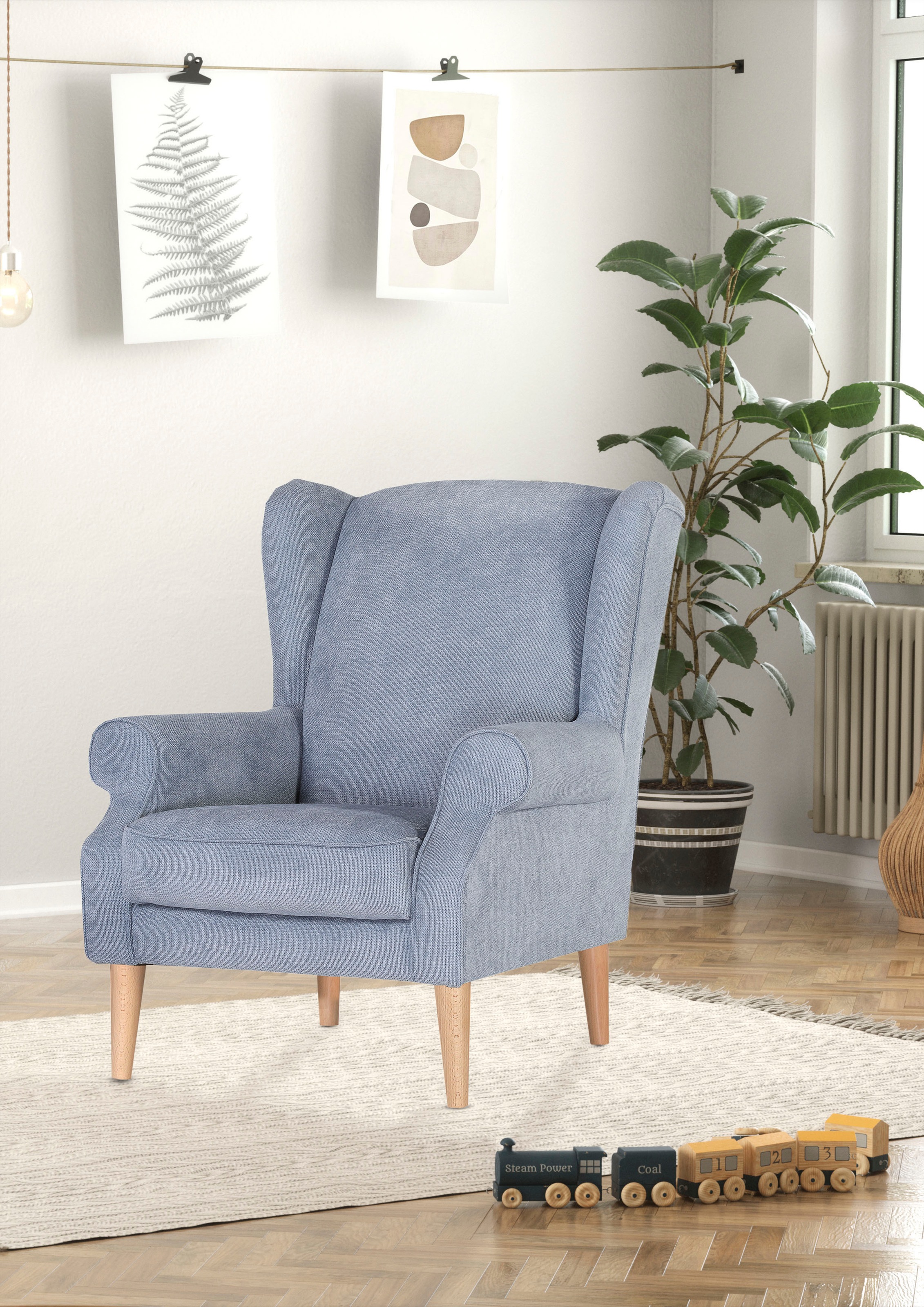 Ohrensessel, hellblau/rosé/gelb Flachgewebe