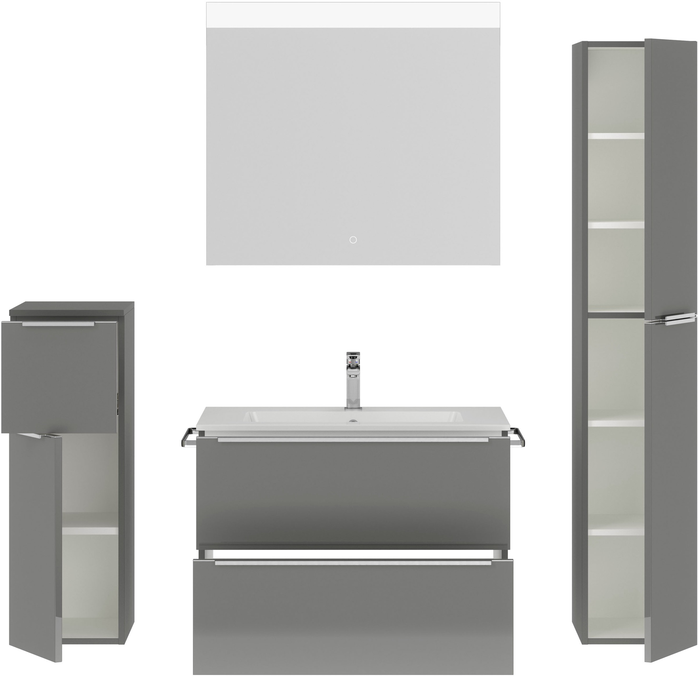 nobilia® Badmöbel-Set »Levere«, (4 St., vormontiert, mit Soft-Close), Hochglanz, inkl. Spiegel mit Touch-Sensor, in vier Breiten