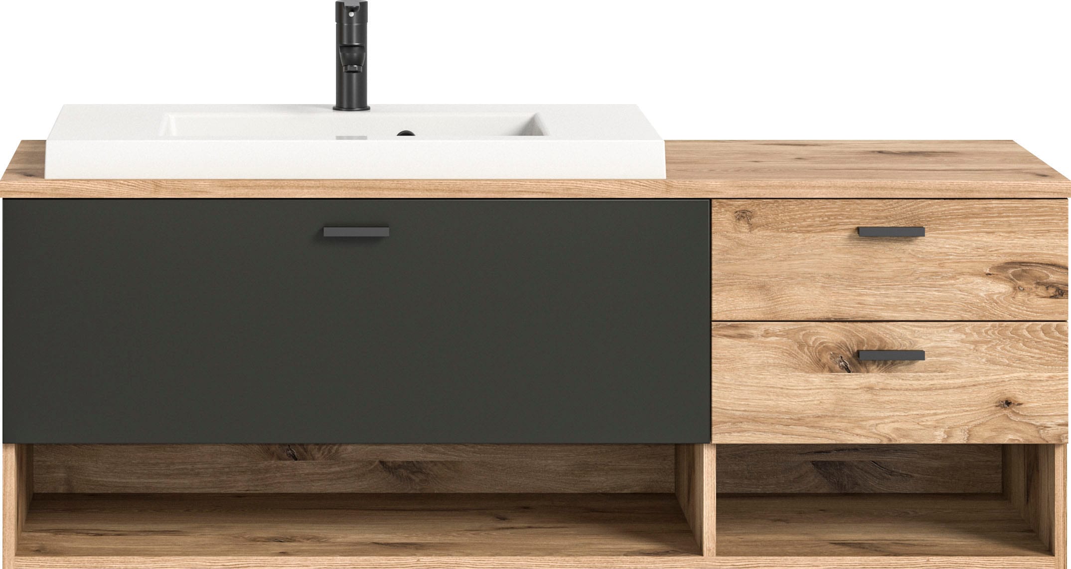 Waschbeckenunterschrank „Dolo“, (2 St.), Badmöbel, hängend, inkl. Waschbecken, Breite 140 cm, Nox Oak B/H/T: 138 cm x 51 cm x 48 cm