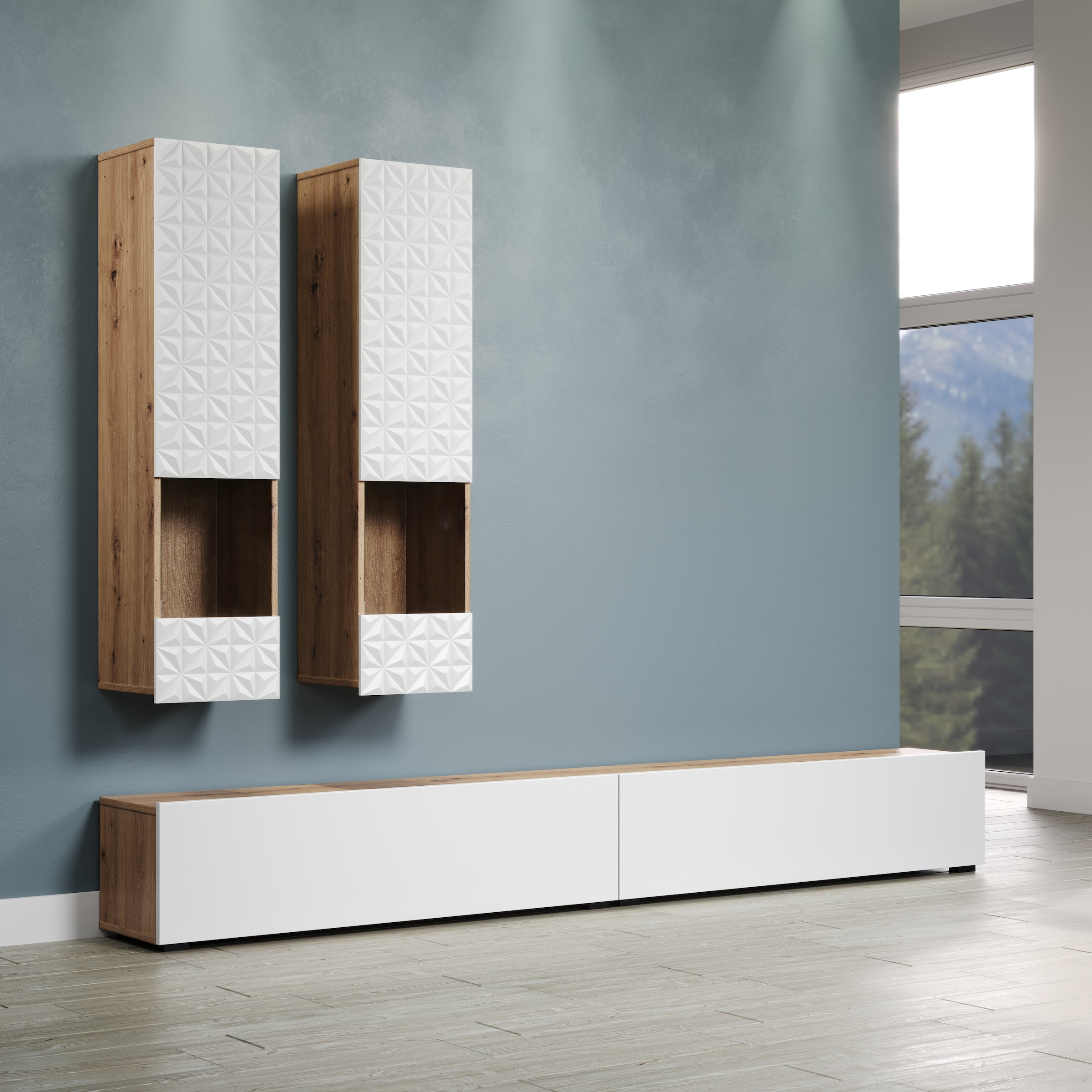 INOSIGN Wohnwand »Rezzo, 2 Hängevitrinen mit Relief-Front, 2 Lowboards je Br. 120 cm«, (Komplett-Set, 4 St.), insgesamt Br. 240 cm, Montage stehend oder hängend