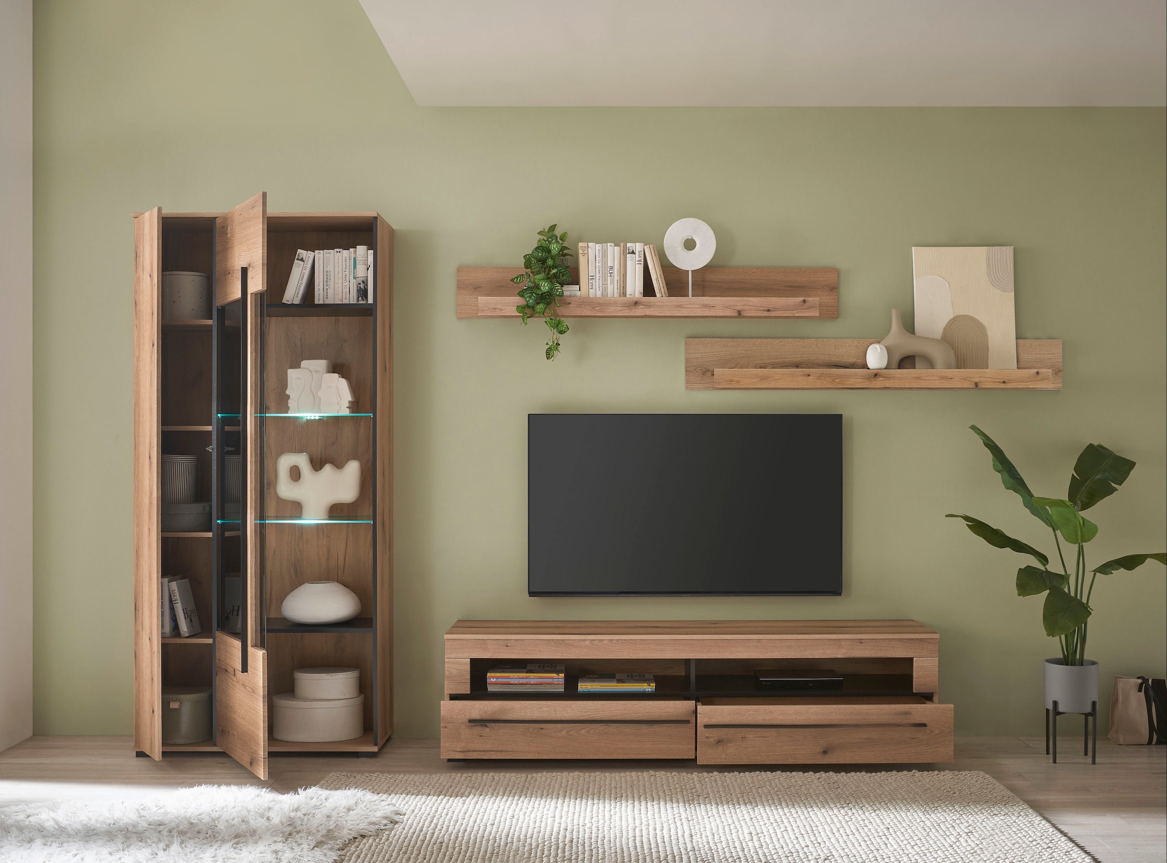 INOSIGN Wohnwand »Cantara, moderne Anbauwand, Wohnzimmer-Set, in Eiche Evoke oder Weiß«, (Set), enthält eine Vitrine, ein Lowboard und zwei Wandboards