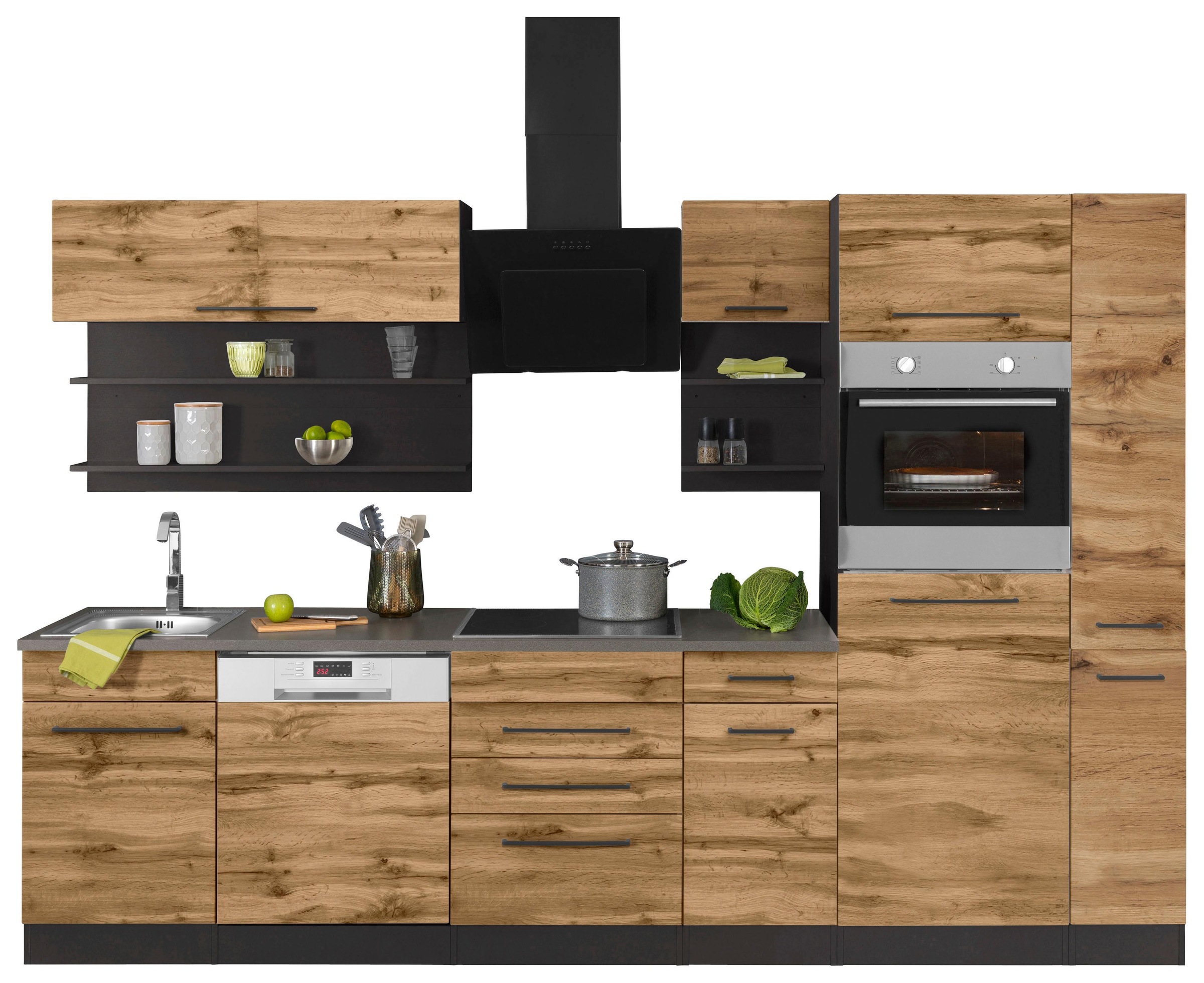 KOCHSTATION Küchenzeile »KS-Tulsa«, ohne E-Geräte, Breite 300 cm, schwarze Metallgriffe, MDF Fronten