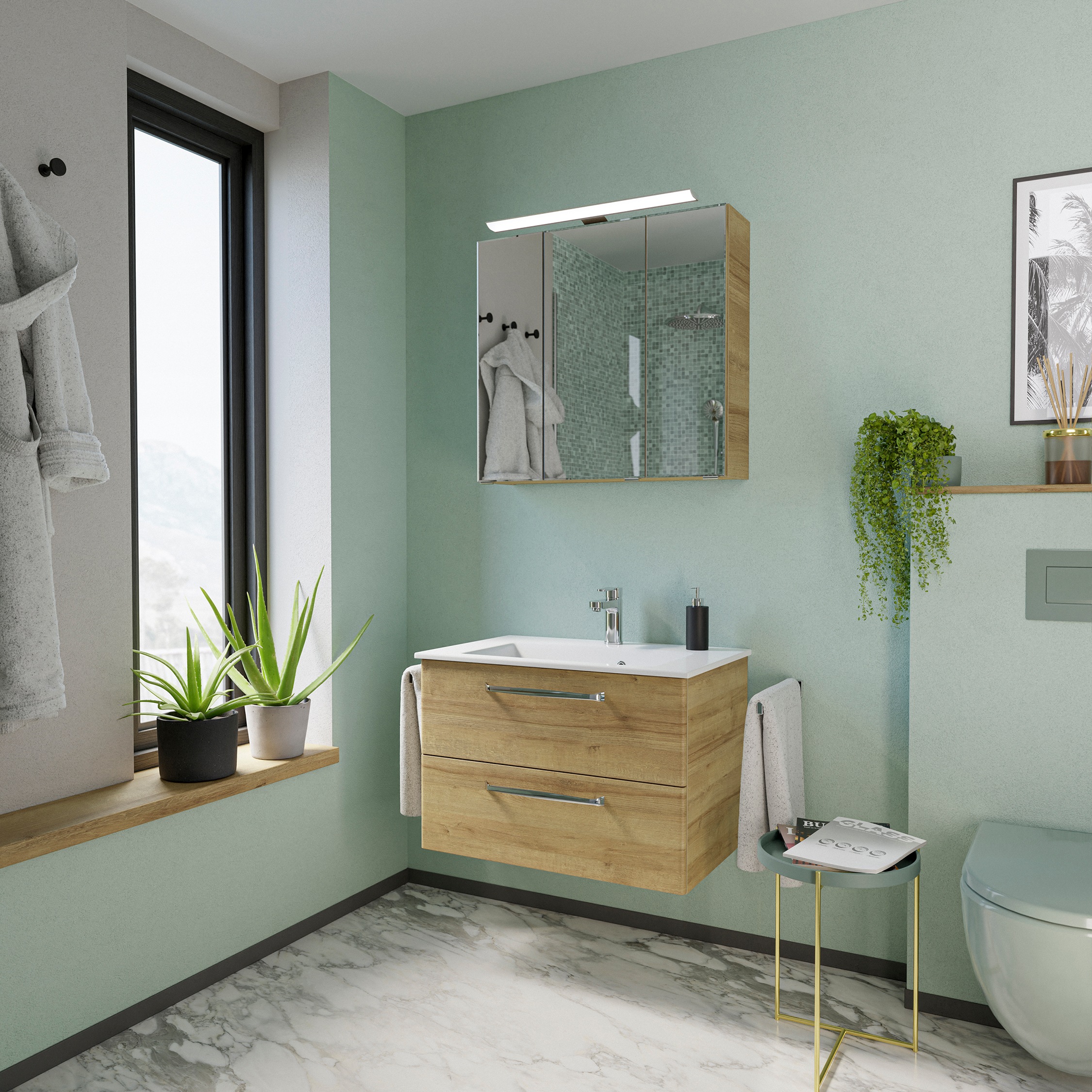 Saphir Badmöbel-Set »Trentino 2-tlg Mineralmarmor-Waschtisch,Spiegelschrank mit LED-Leuchte« 3 Stk. tlg.