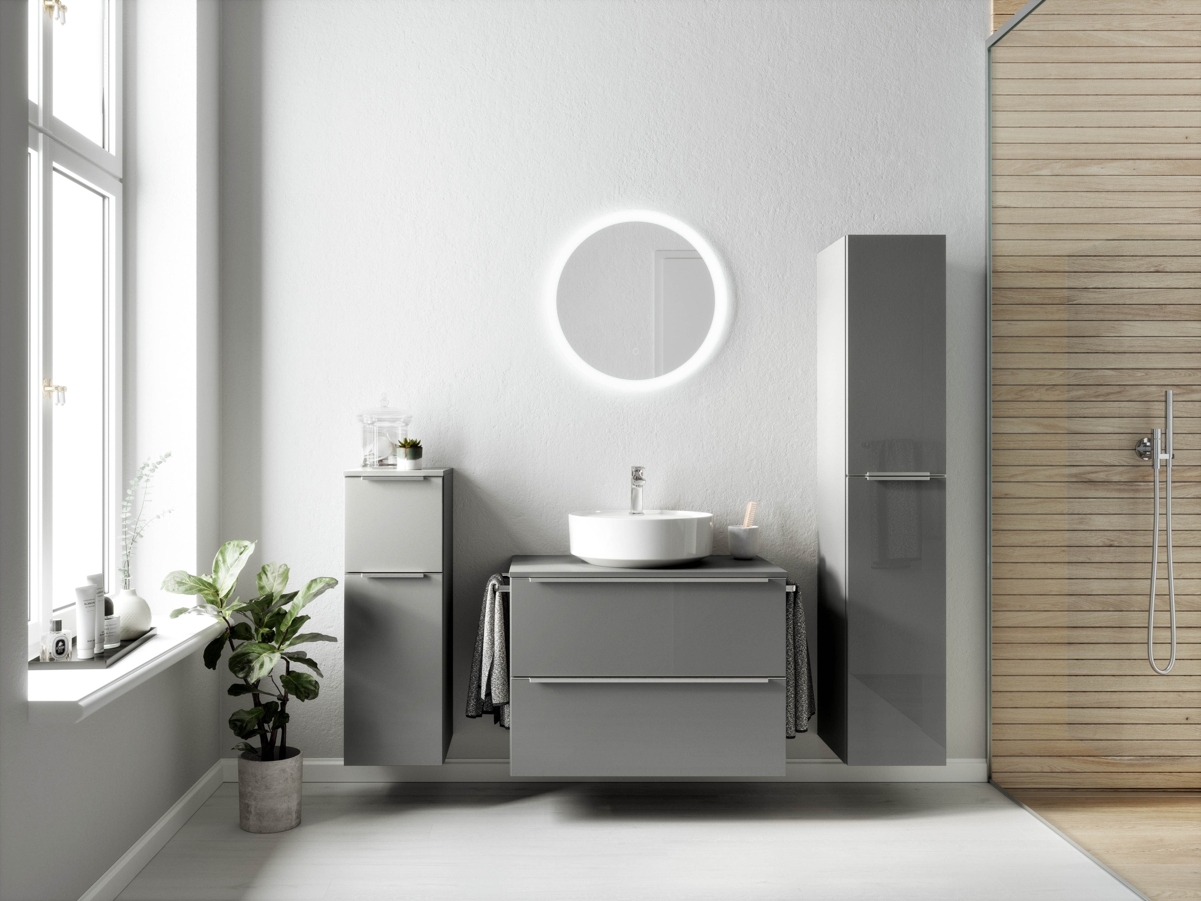 nobilia® Badmöbel-Set »Alvene«, (2 St., vormontiert, mit Soft-Close), Hochglanz, inkl. Spiegel mit Touch-Sensor, in vier Breiten