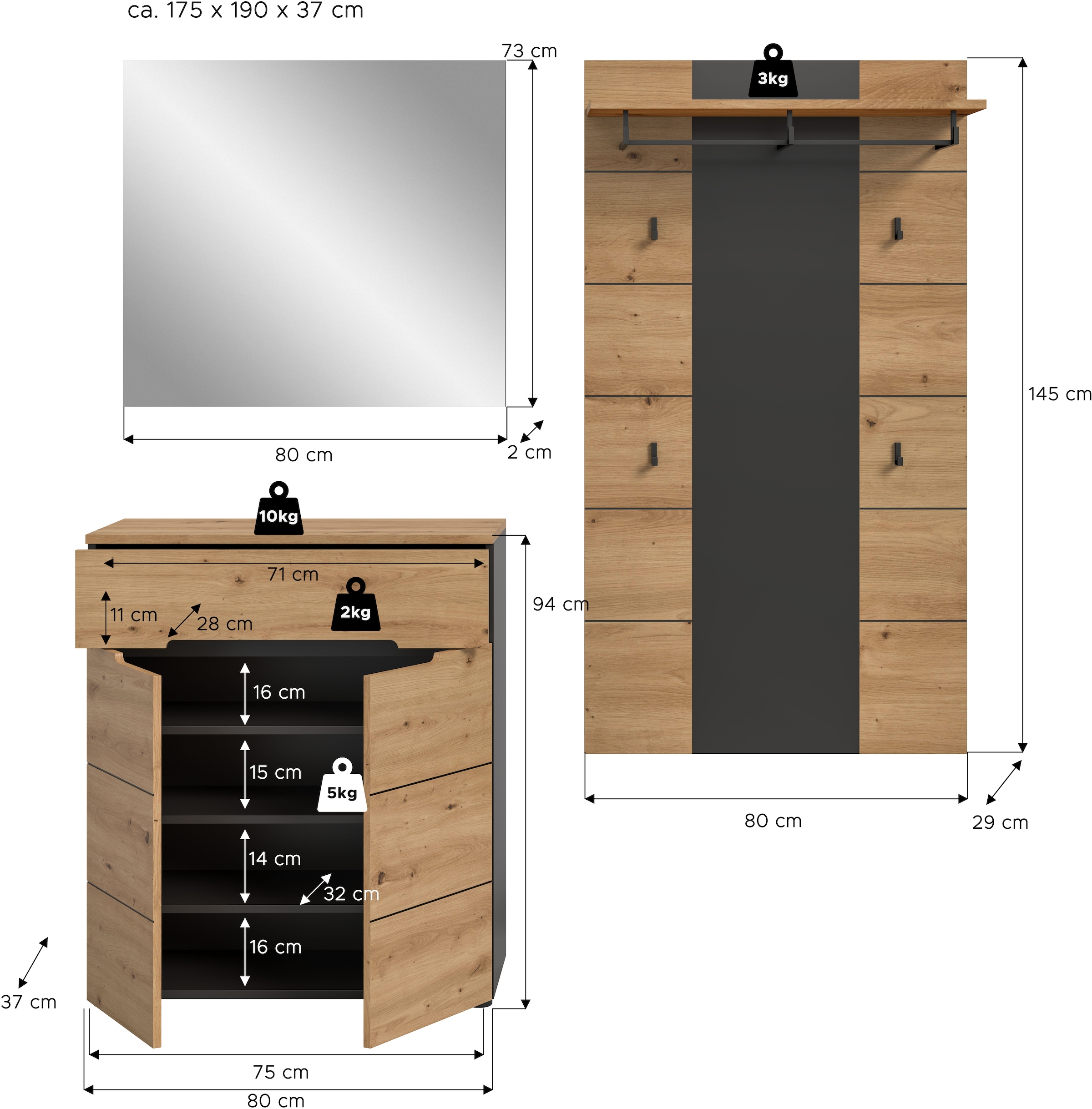 INOSIGN Garderoben-Set, (Set, 3 St., bestehend aus: Kommode, Spiegel und Garderobenpaneel), Garderobenkombination, Kombination, Set, Flurgarderobe, Diele