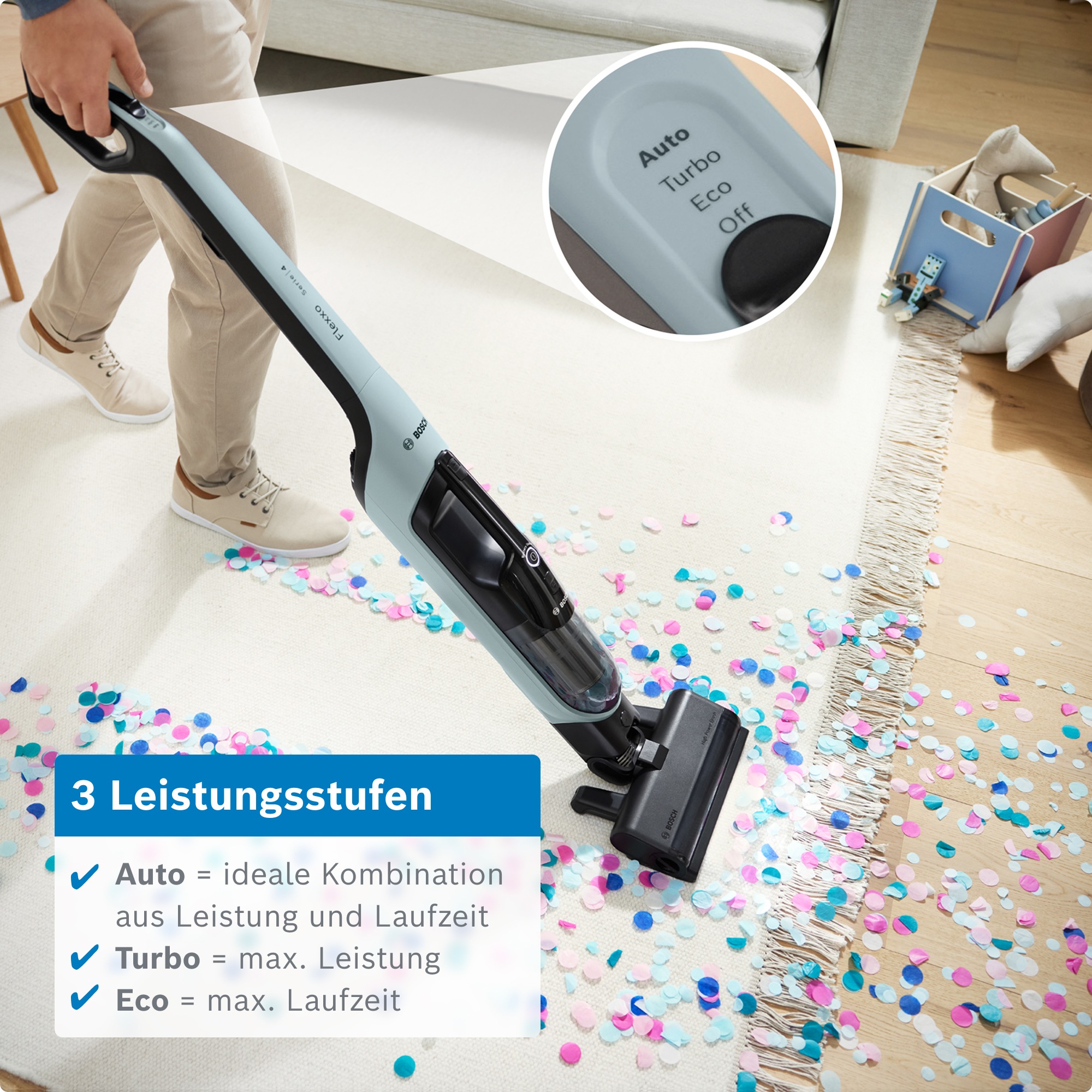 BOSCH Akku-Stielstaubsauger »Flexxo Serie 4 BCH4FM28/BCH4SM28, 2in1 Akku-Staubsauger, freistehend« kabellos, integriertes Zubehör, beutellos, 60 Min. Laufzeit