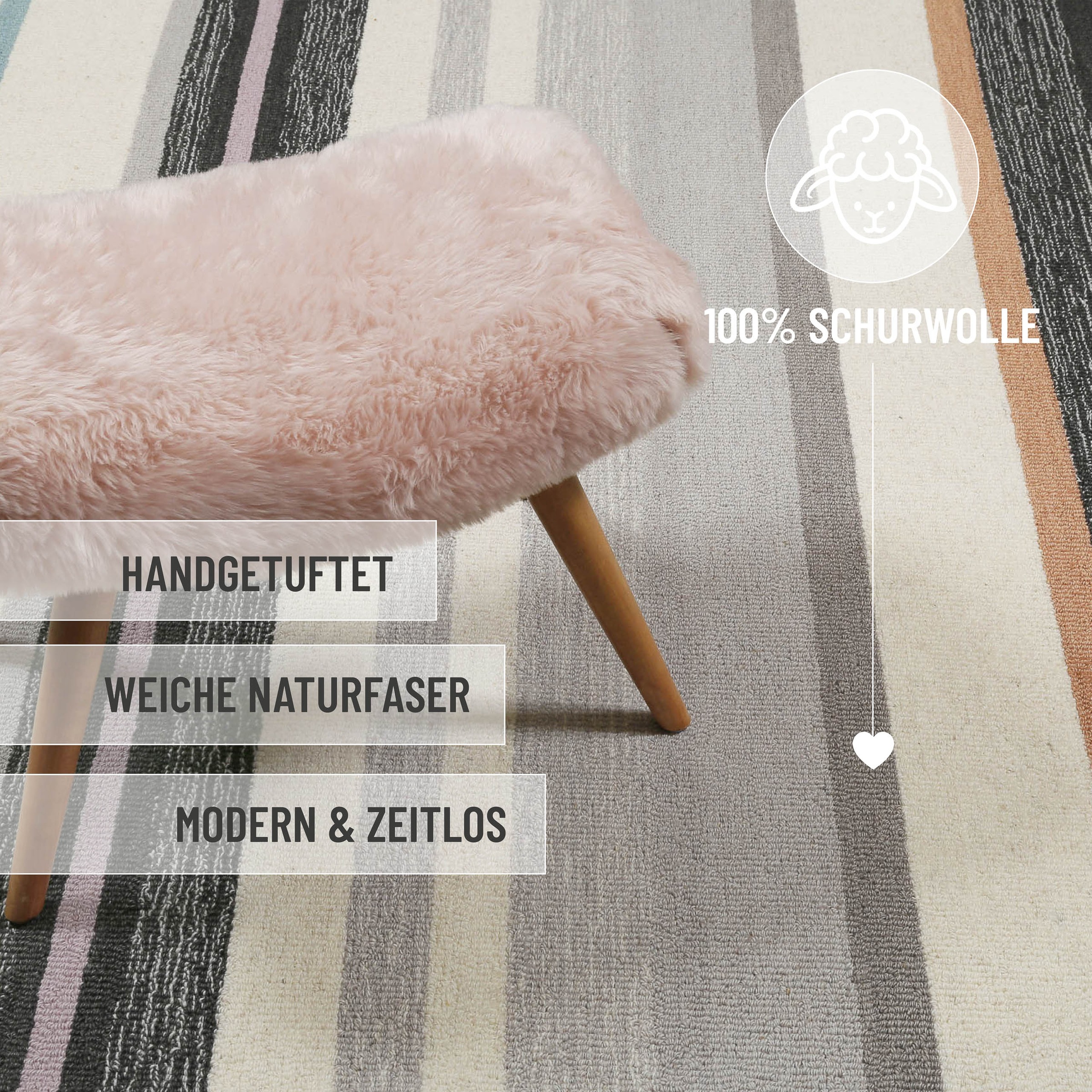 Wecon home Teppich »Sally«, rechteckig, 7 mm Höhe, handgefertigt, gestreift, pflegeleicht, Wolle, Wohnzimmer, Esszimmer