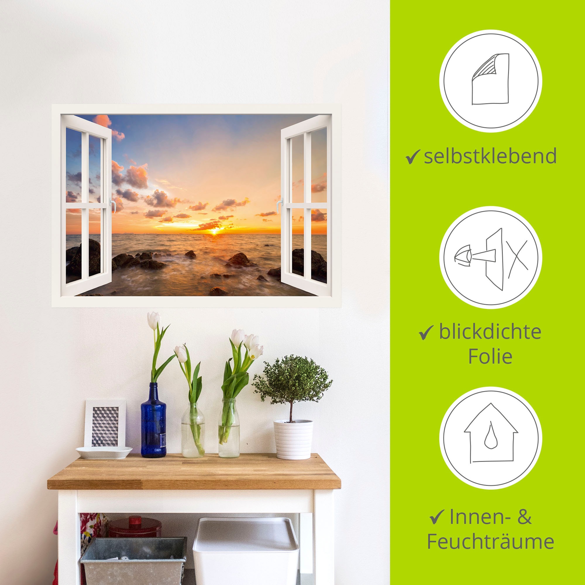 Artland Wandbild »Fensterblick Sonnenuntergang am Meer«, Fensterblick, (1 St.), als Alubild, Outdoorbild, Leinwandbild, Wandaufkleber, versch. Größen